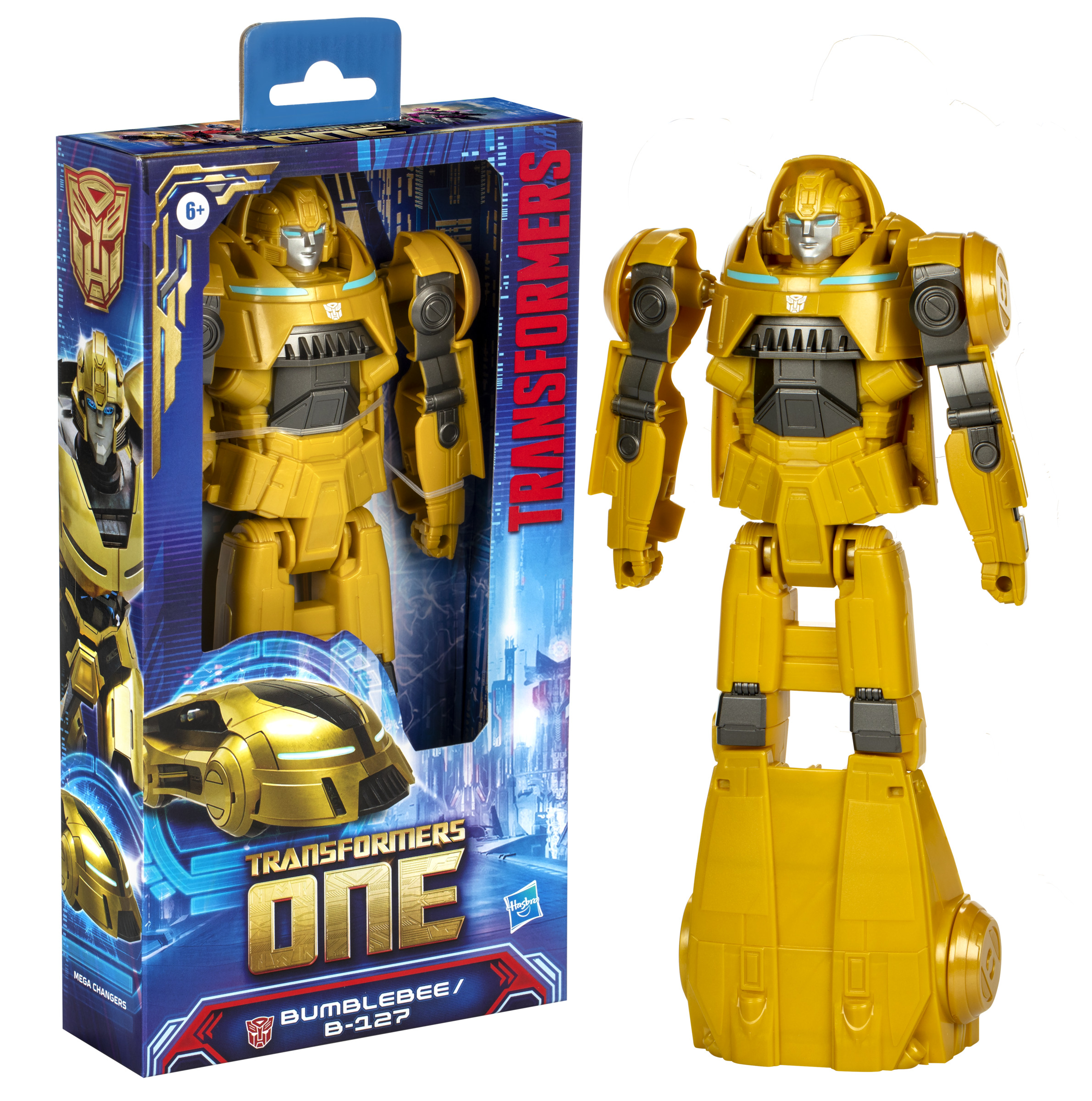 Sarı bir Bumblebee dönüştürücü içeren oyuncak kutusu. Oyuncak, kutunun yanındaki bir robotun yanında.