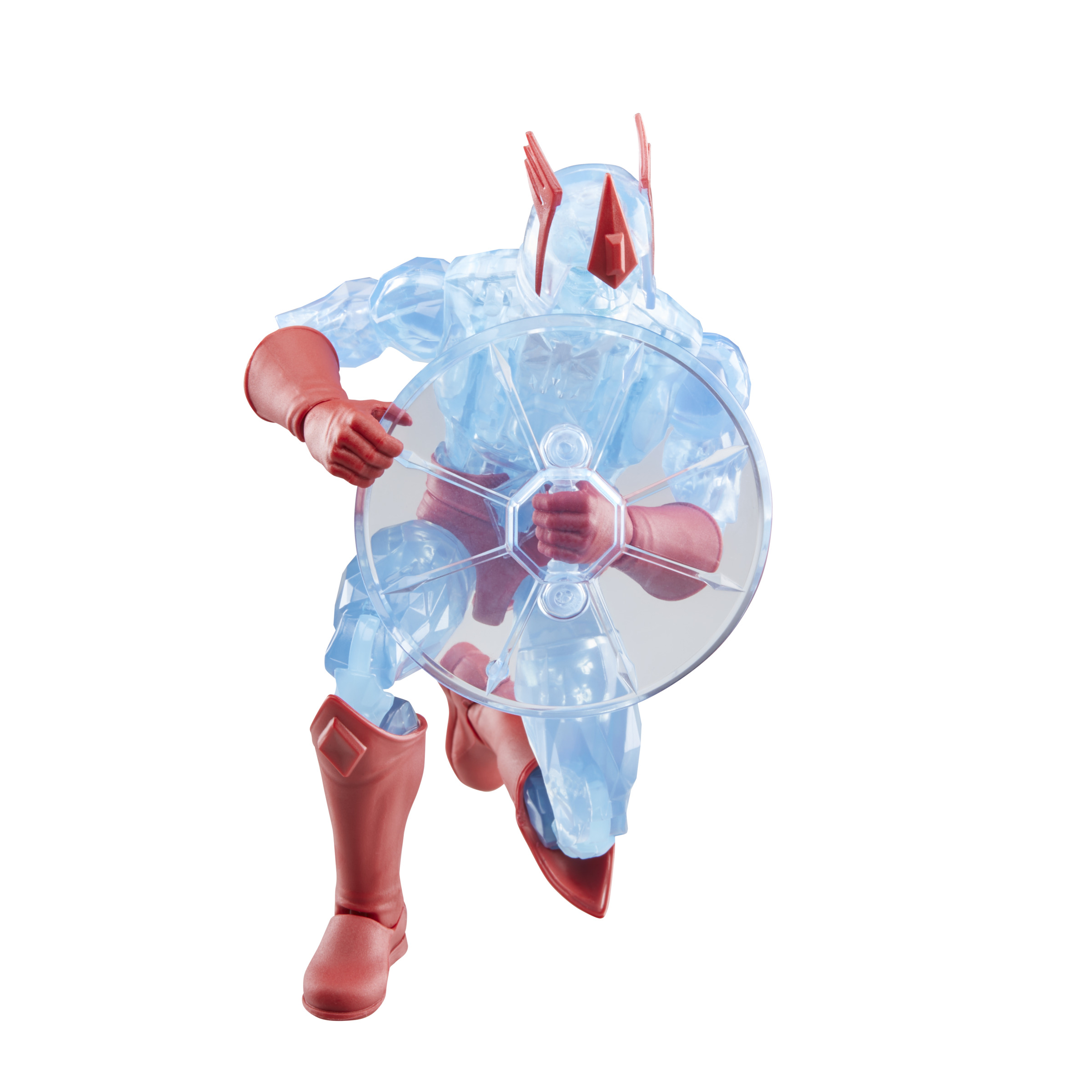 Przezroczysta figurka zabawki z czerwonymi butami i tarczą.