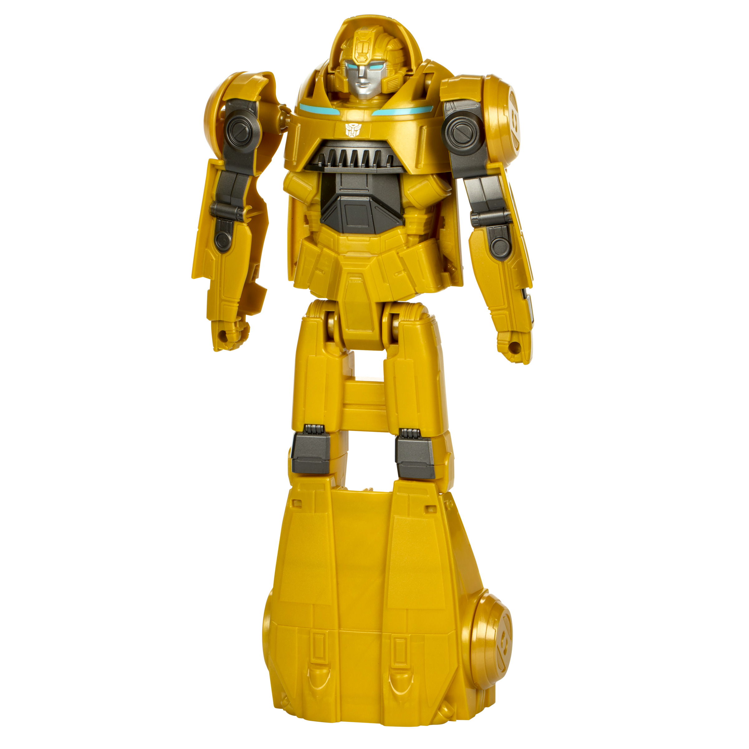 Sarı Transformer robot oyuncağı, dik duruyor. Detaylı özelliklere ve gümüş bir yüze sahip.