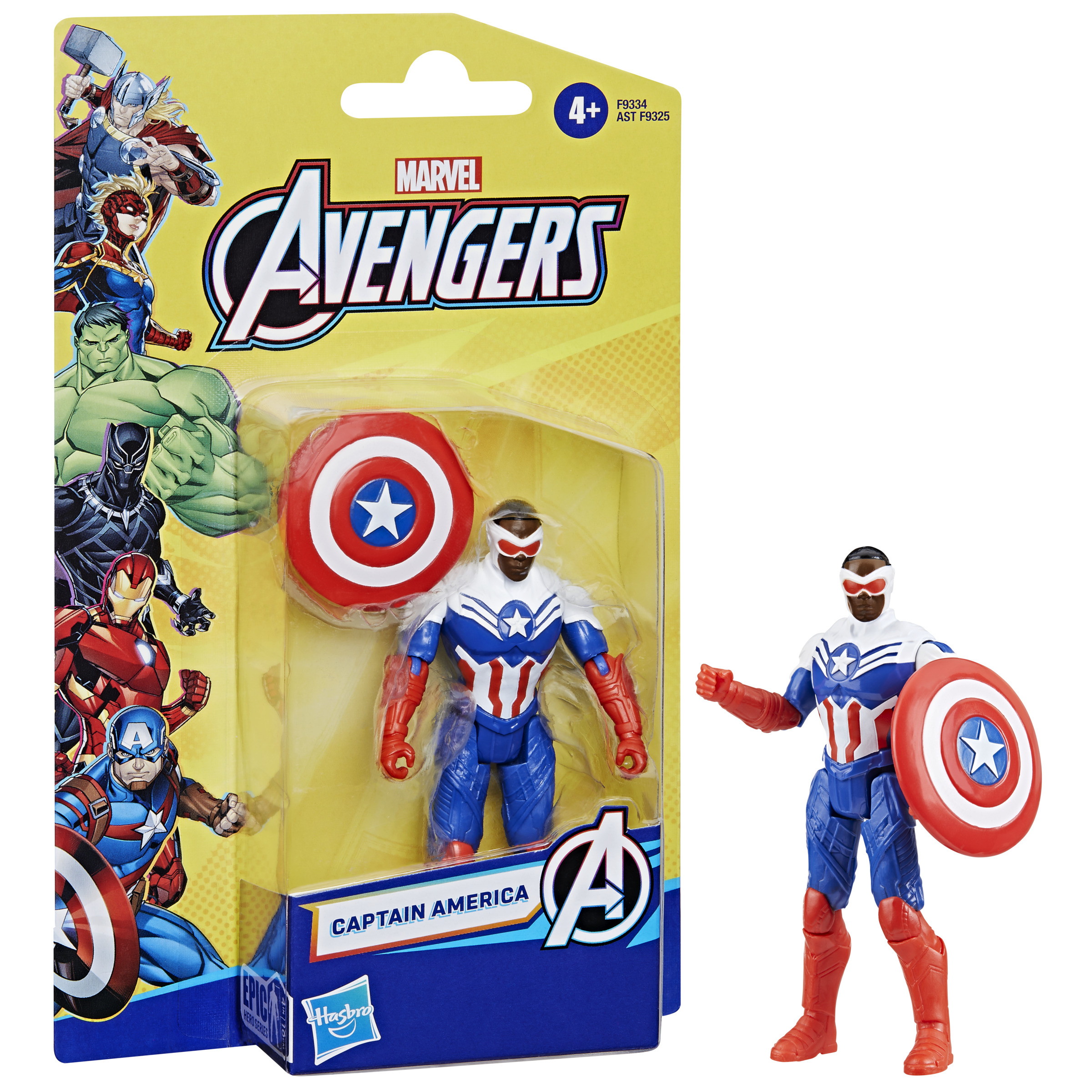 Figurka akcji Marvel Avengers Kapitan Ameryka w opakowaniu i figurka.