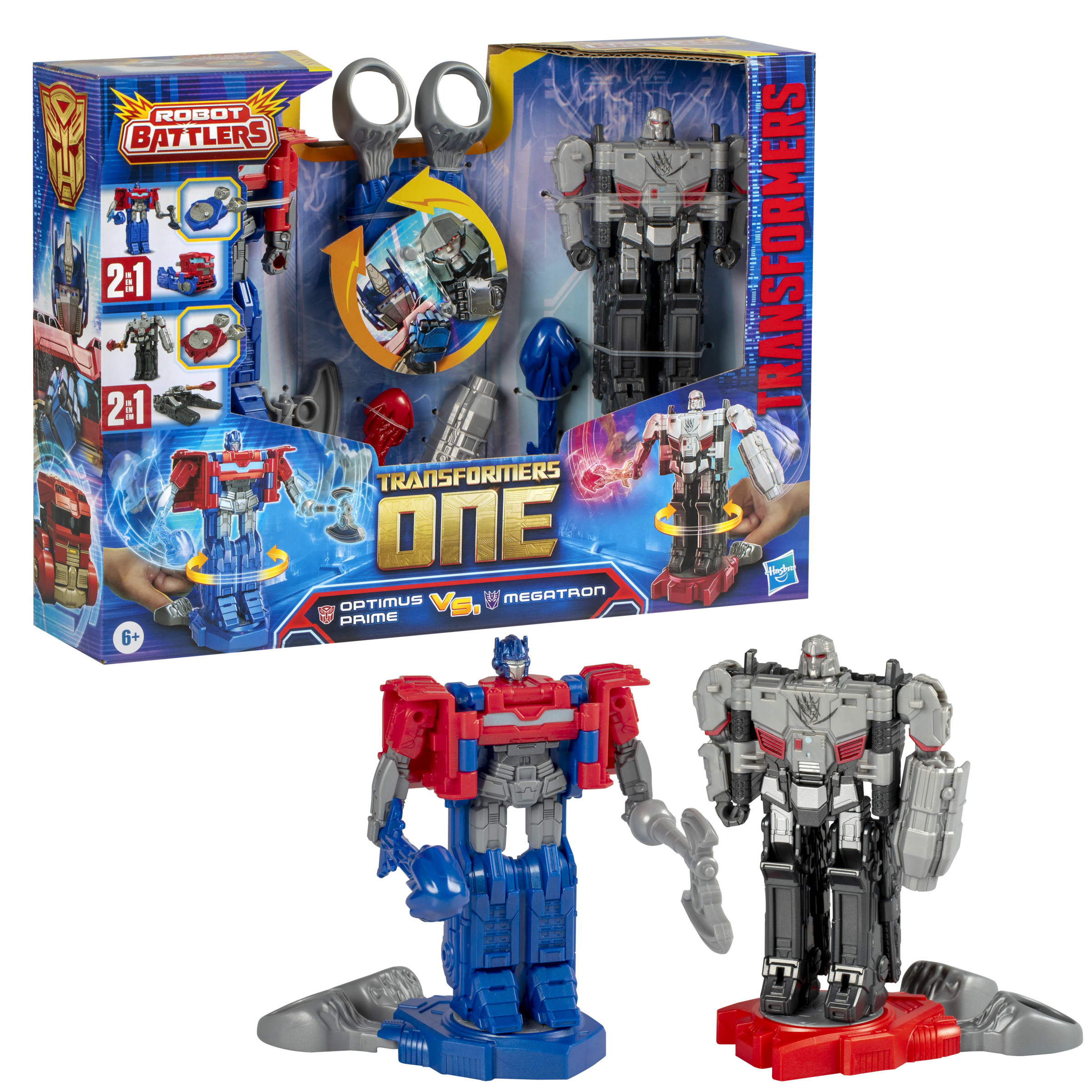 Un juego de juguetes con dos figuras de Transformers. Uno es Optimus Prime, el otro Megatron.