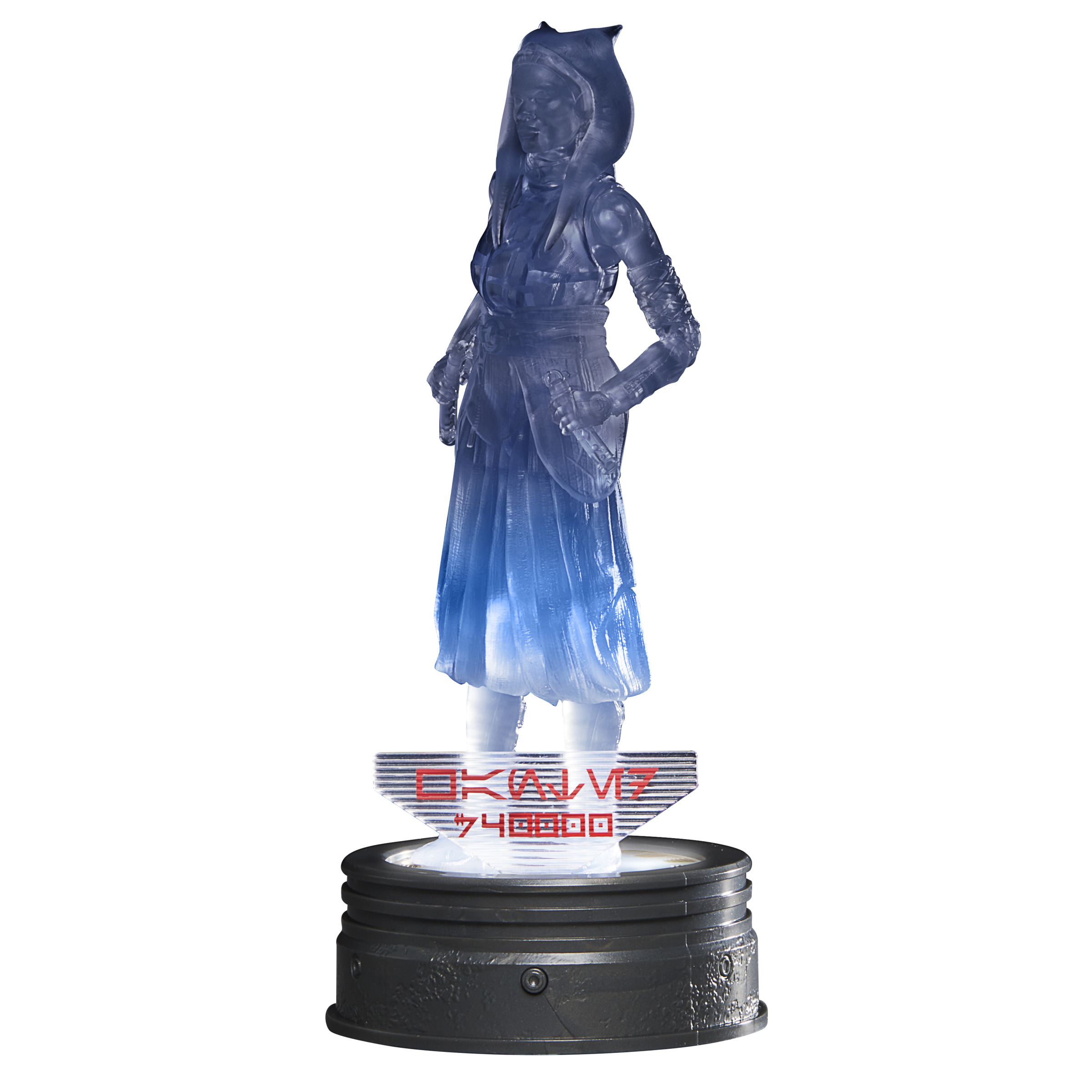 Figura de cristal: figura femenina con vestido azul sobre base negra.