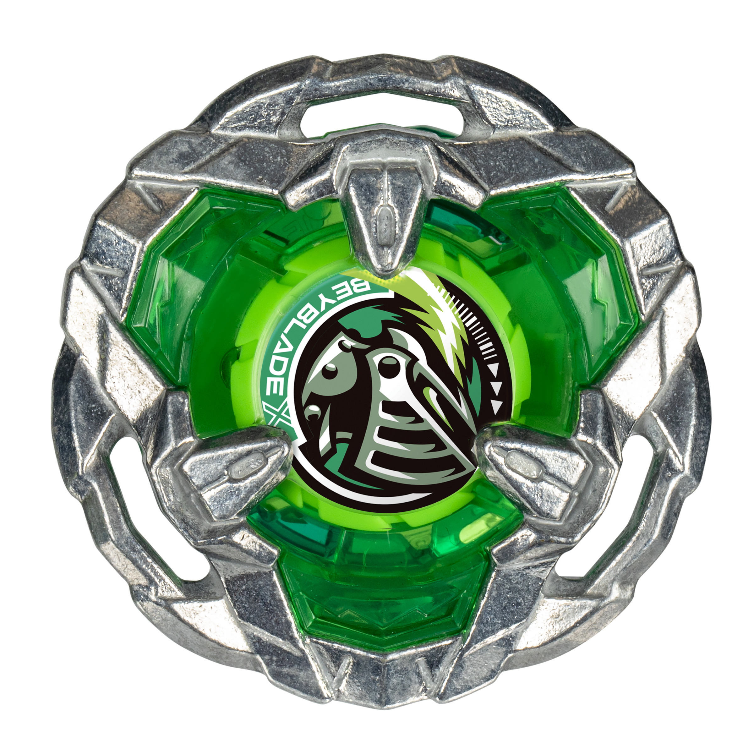 Juguete Beyblade verde y plateado con diseño circular.