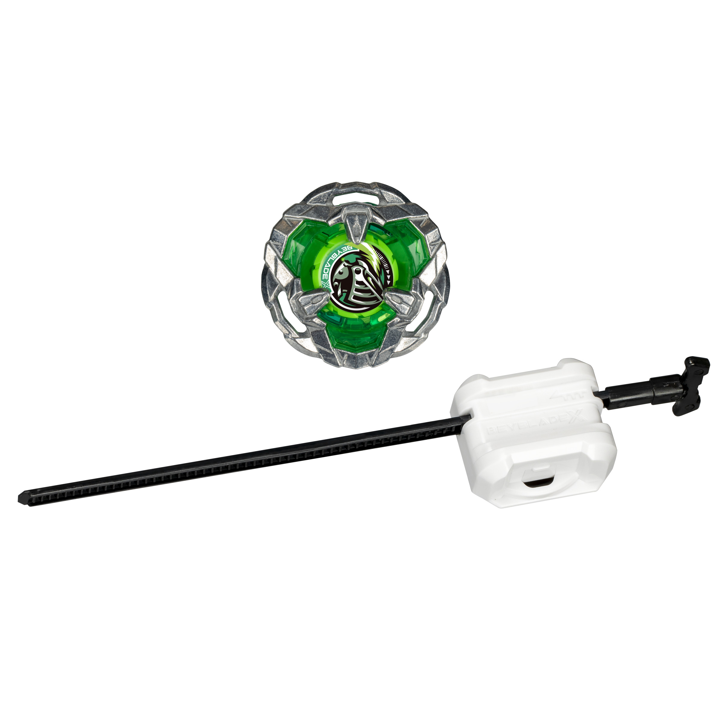 Trompo Beyblade verde y plateado con un lanzador. La peonza está sobre un fondo blanco.