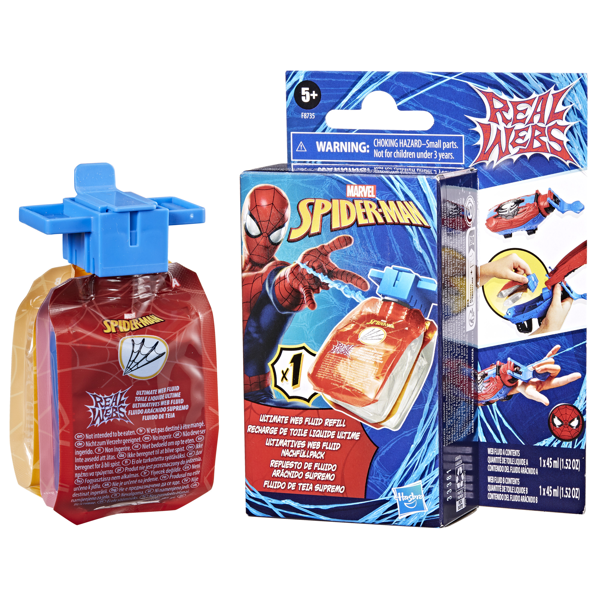 Paquetes de recarga temáticos de Spider-Man. Dos bolsas y una caja con gráficos de Spider-Man.