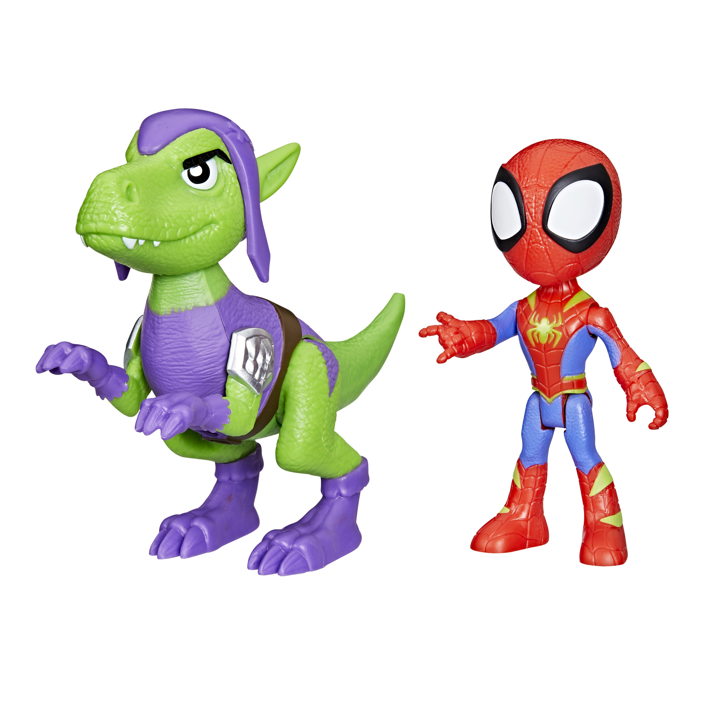 Figuras de juguete de Spider-Man y dinosaurio. Spider-Man es rojo y azul. Dinosaurio es verde y morado.
