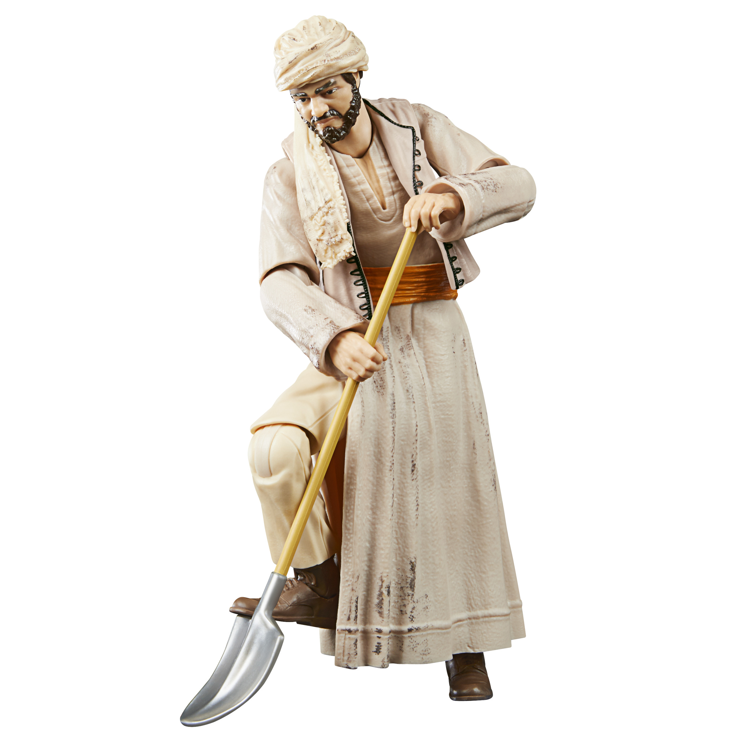 Figura de acción de un hombre con turbante, túnica beige, con una pala.