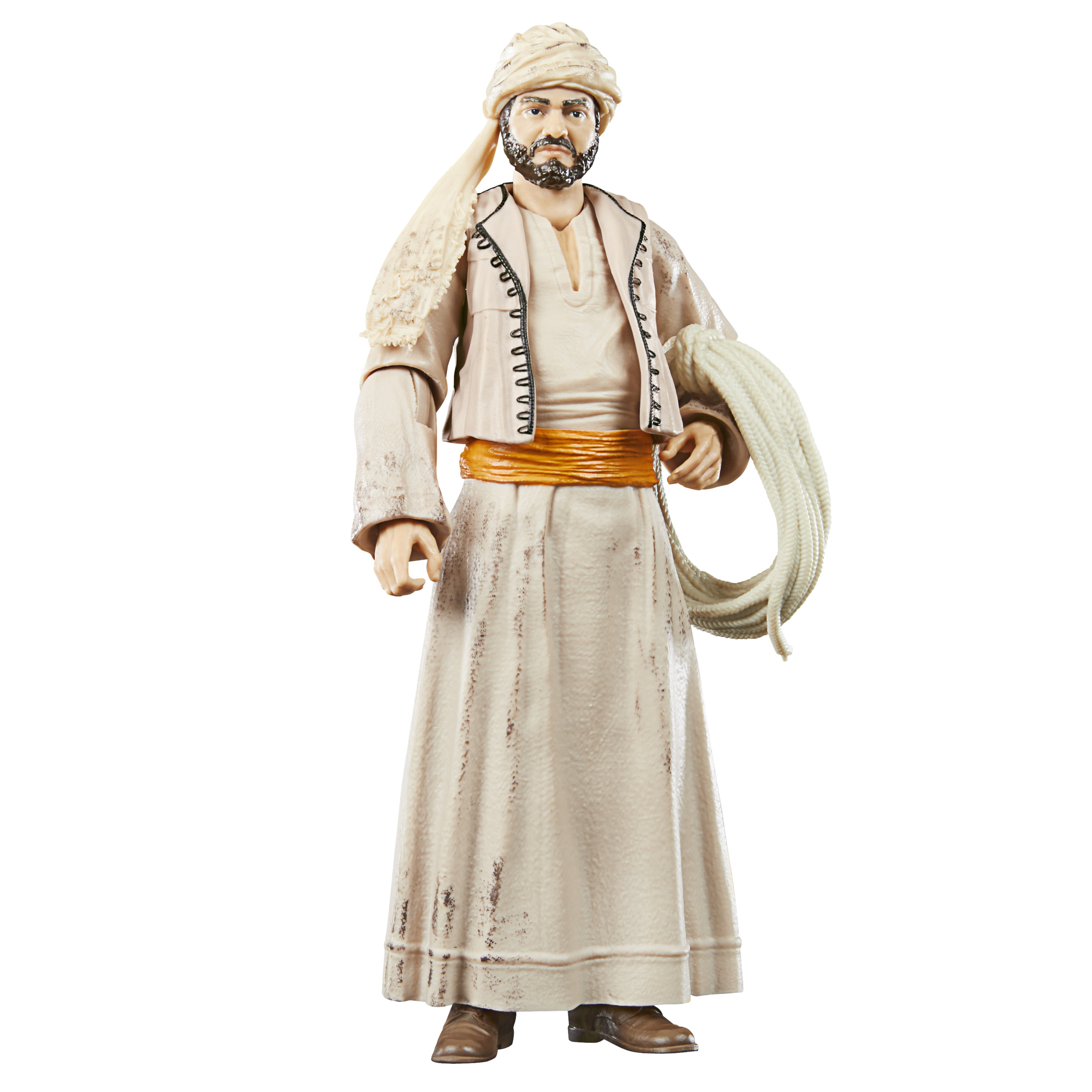 Figura de un hombre con túnica blanca y turbante sujetando una cuerda, aislado.