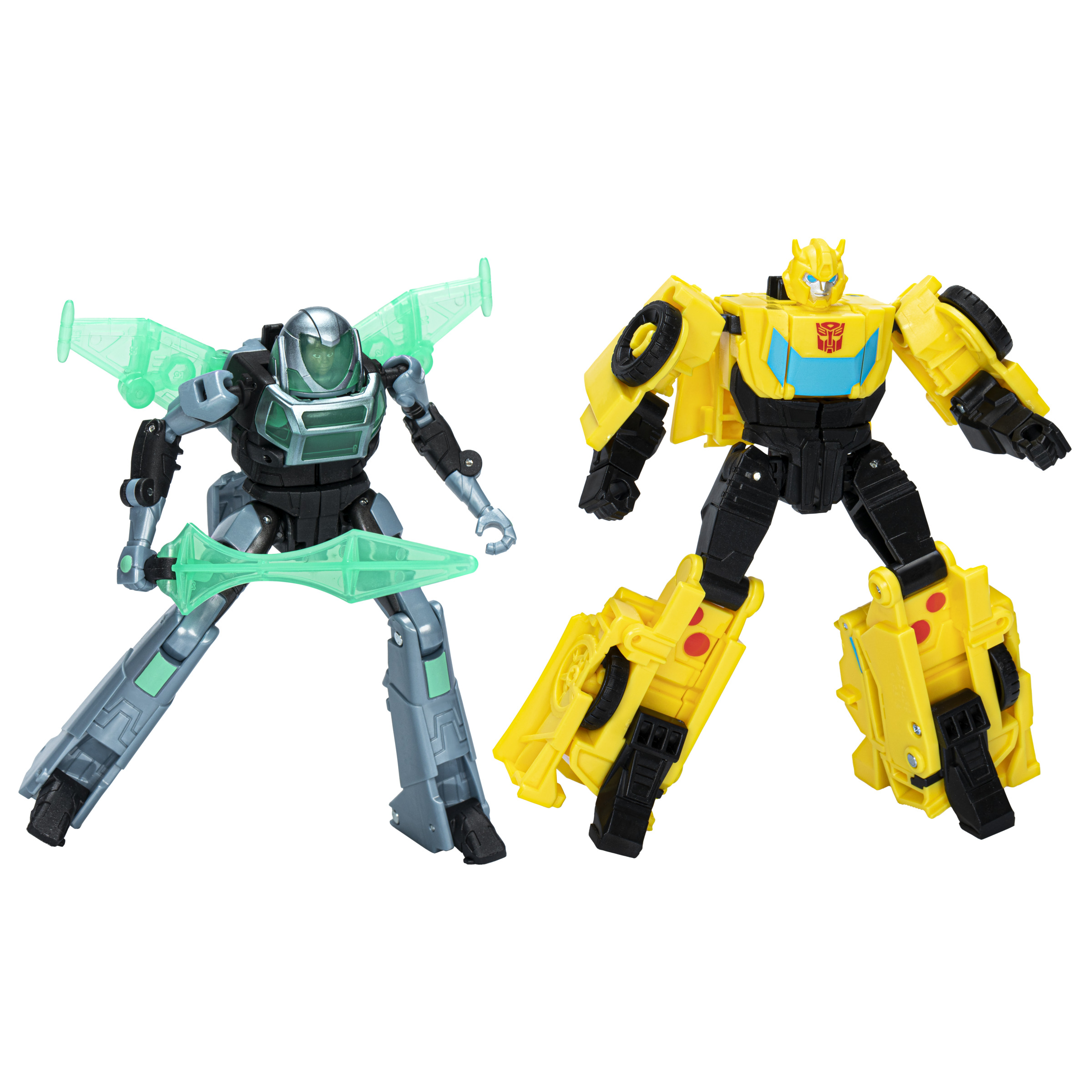 Dos figuras de Transformers, una plateada y verde, la otra amarilla.