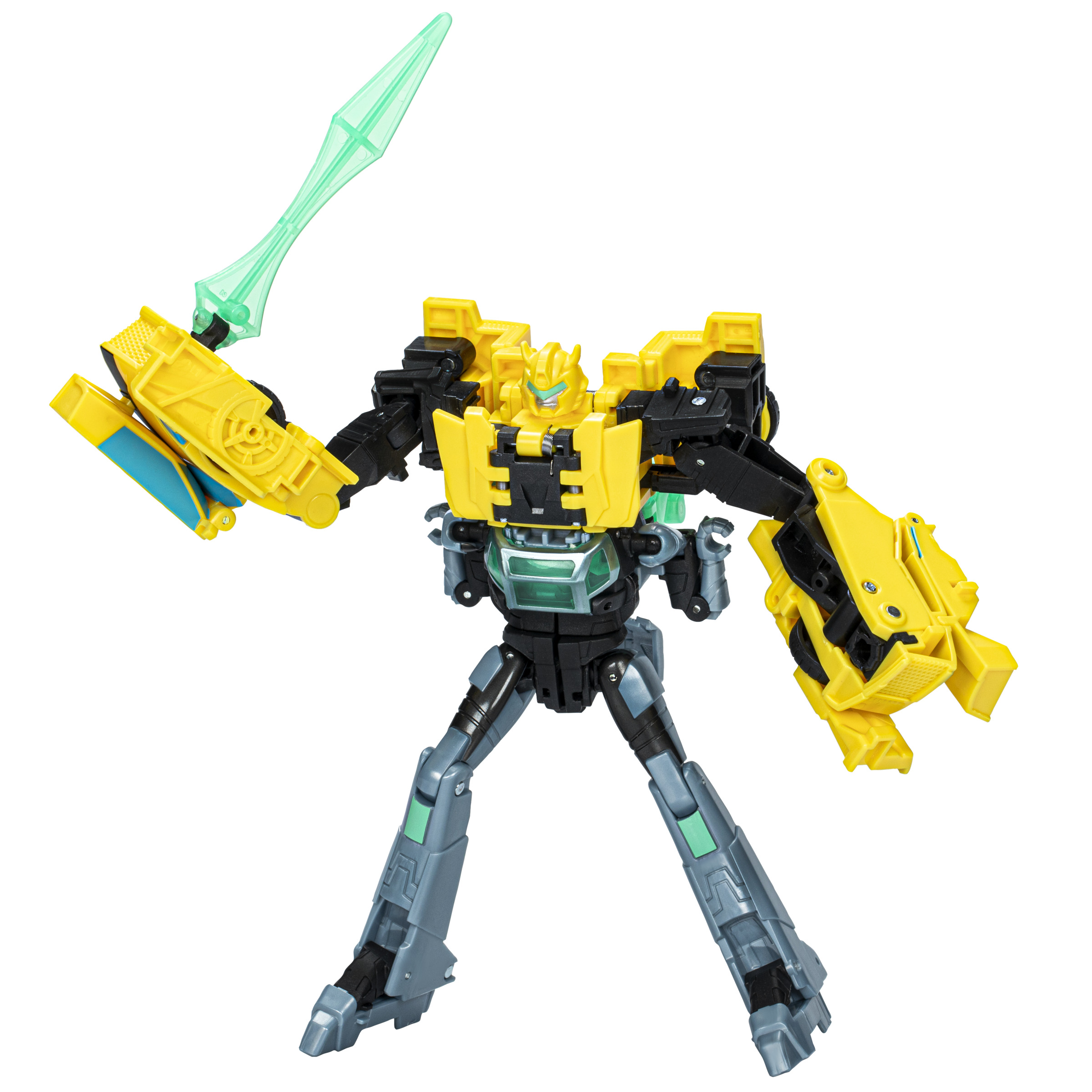 Figura de acción de Transformer, amarilla y negra, sosteniendo espada y arma.