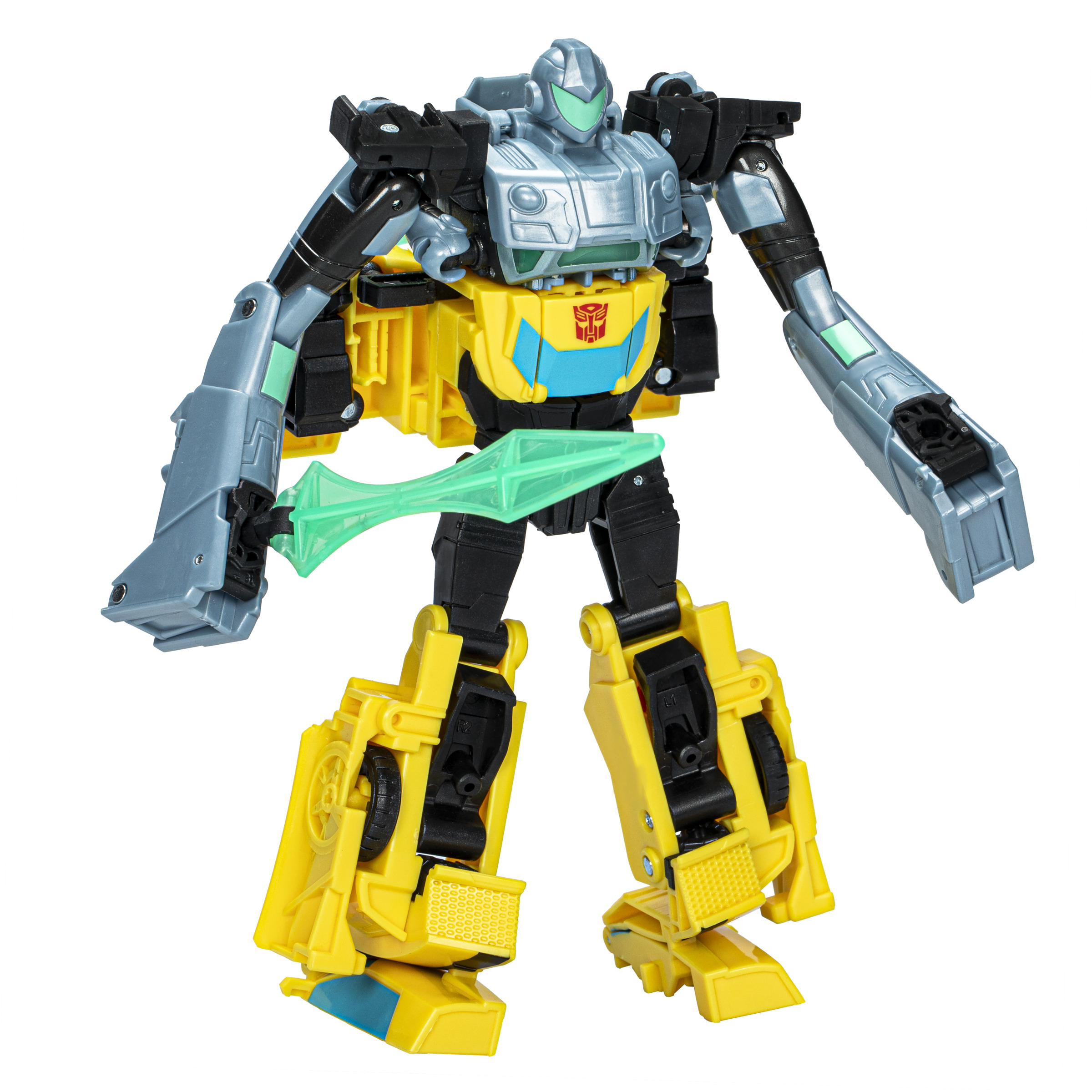 Juguete robot con partes amarillas y grises, arma verde. Está sobre un fondo blanco.
