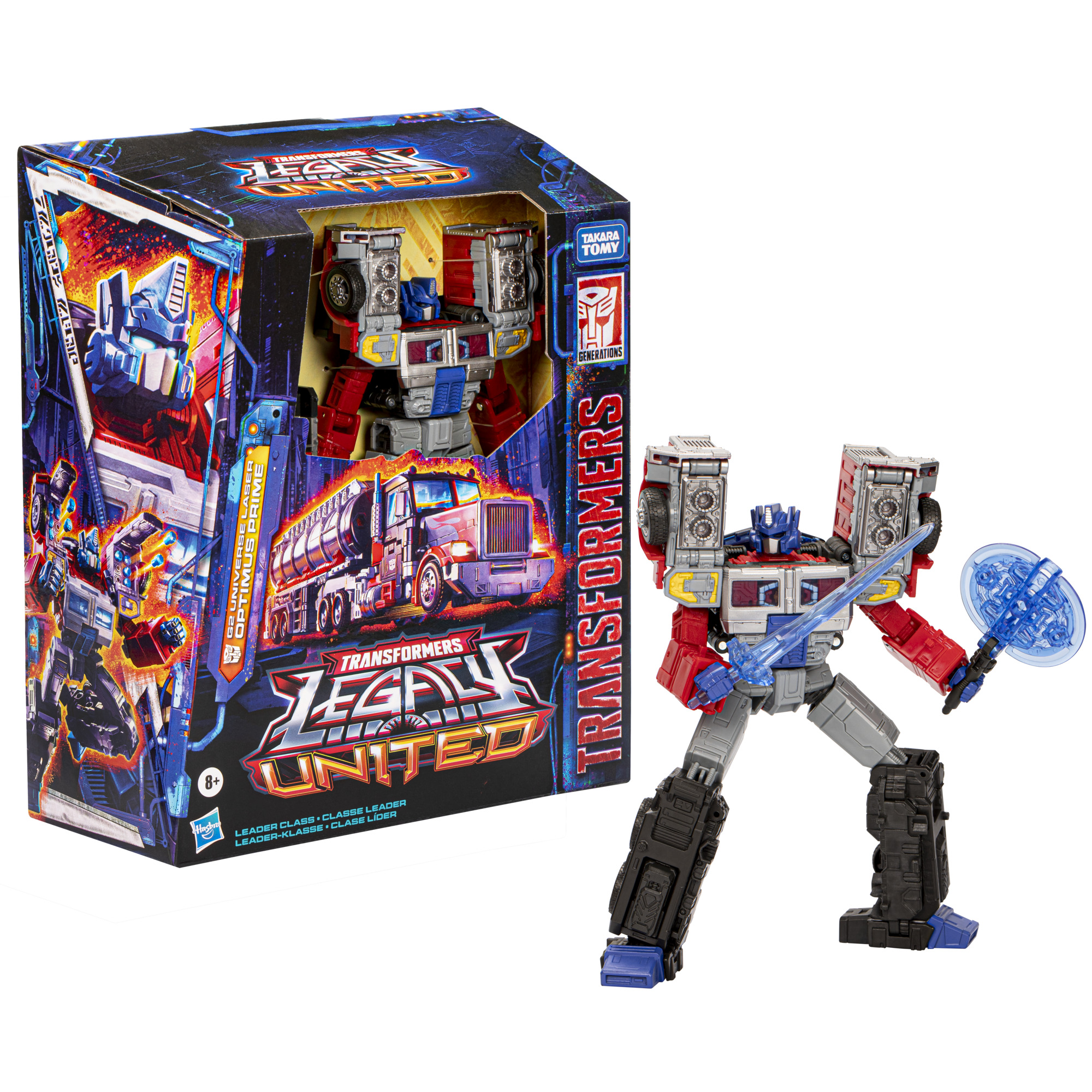 Juguete Transformers Optimus Prime con una caja que contiene una imagen de camión.