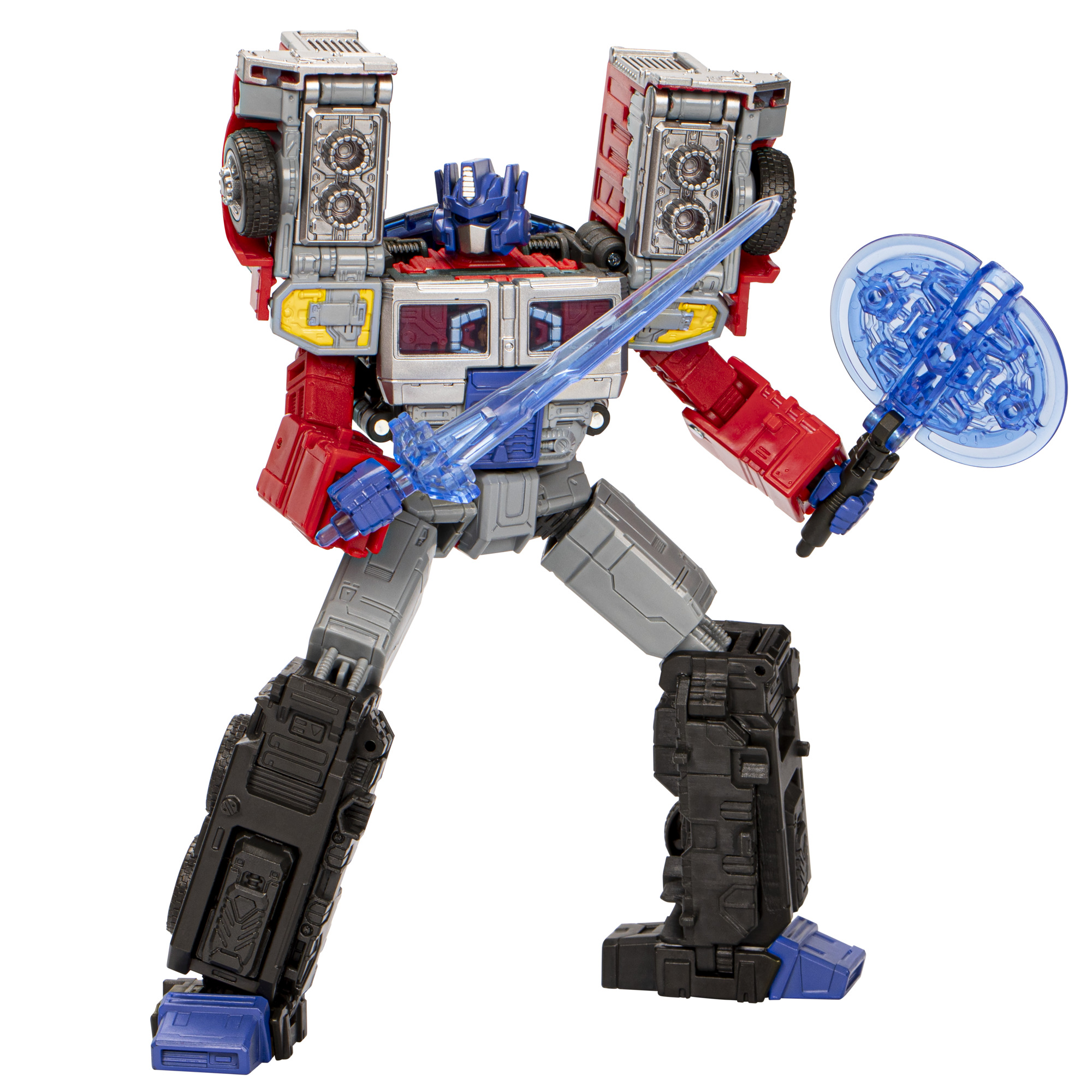 Figura de acción de Optimus Prime Transformer sosteniendo una espada y un hacha azul, de pie.