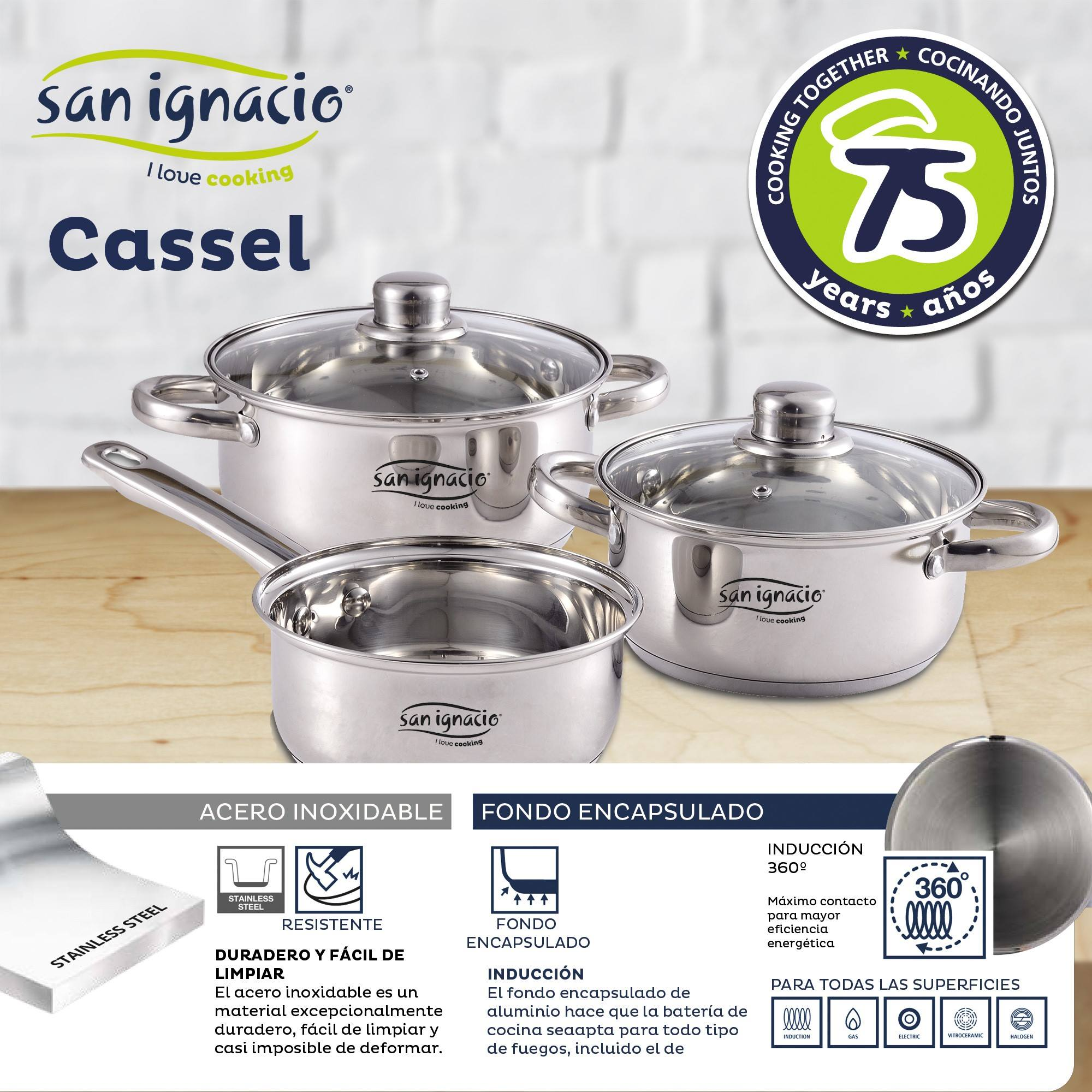 Un juego de utensilios de cocina de acero inoxidable con tapas y una etiqueta con información.