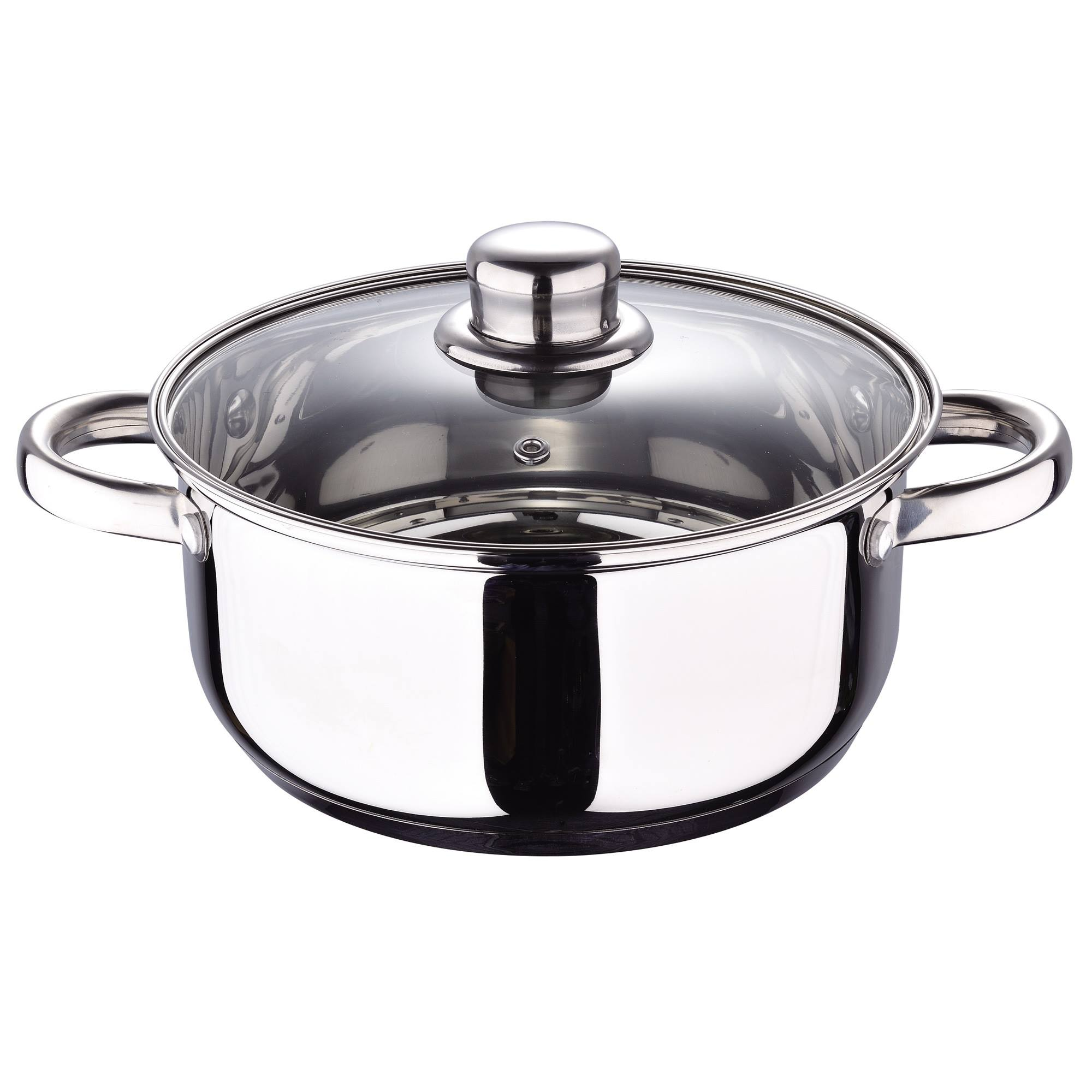 Una olla de acero inoxidable con tapa de vidrio, con dos asas a los lados. El fondo es blanco.
