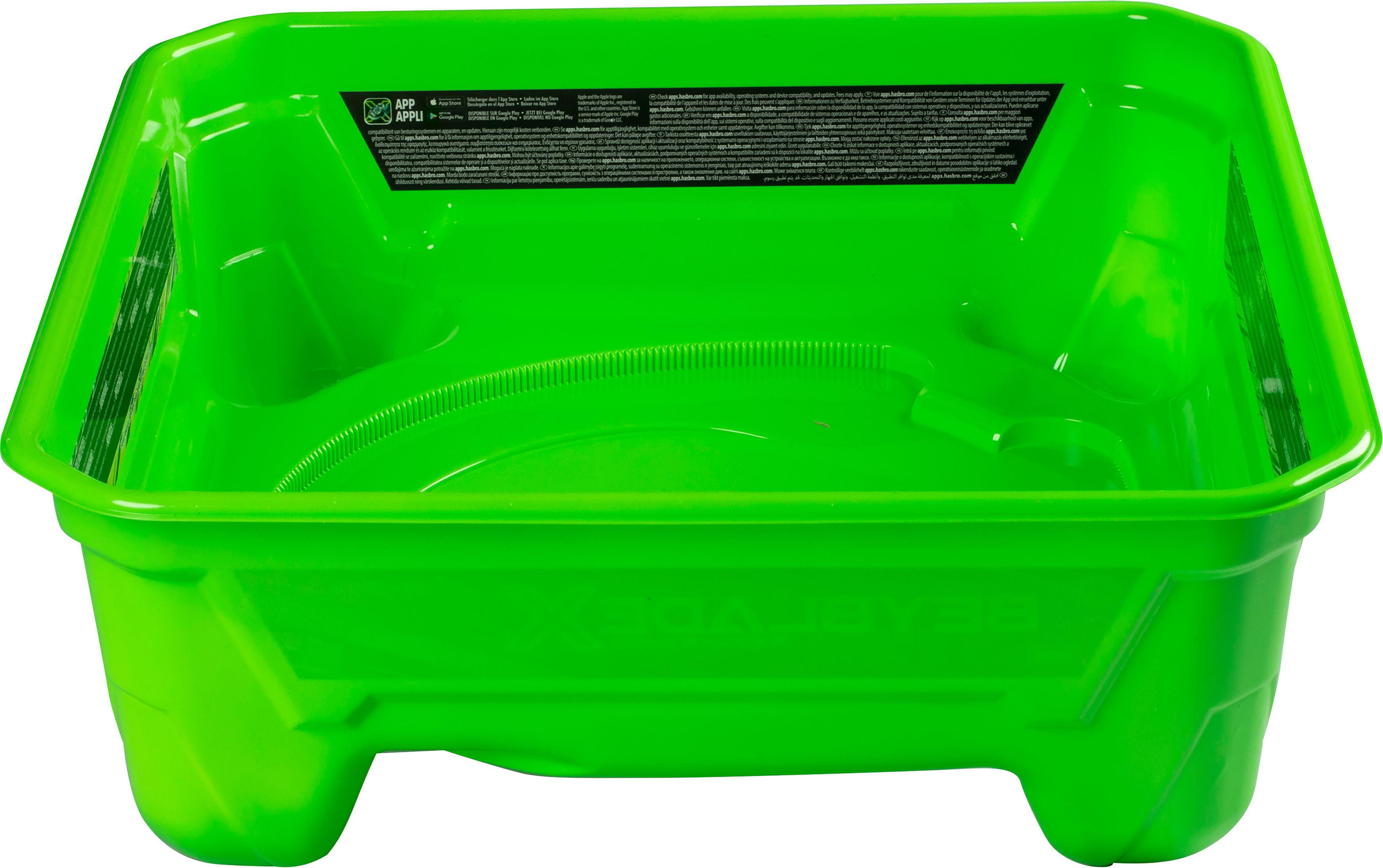 Contenitore per giocattoli verde con lati angolati, sfondo bianco e testo.