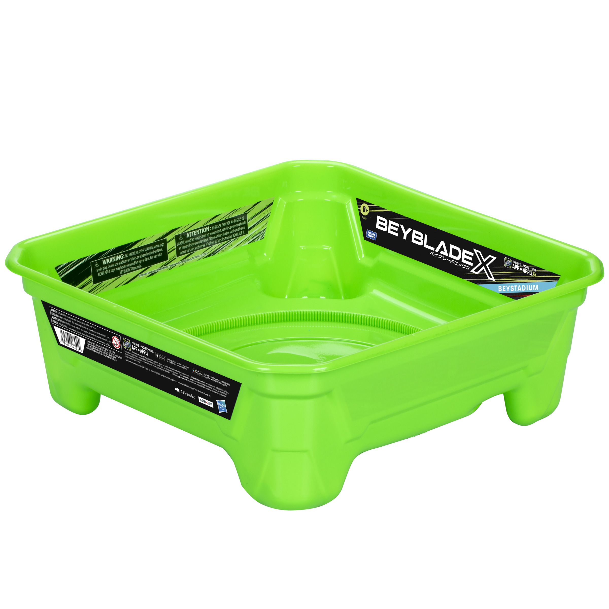 Uno stadio verde Beyblade X. Ha una forma quadrata con lati inclinati e un'arena centrale.