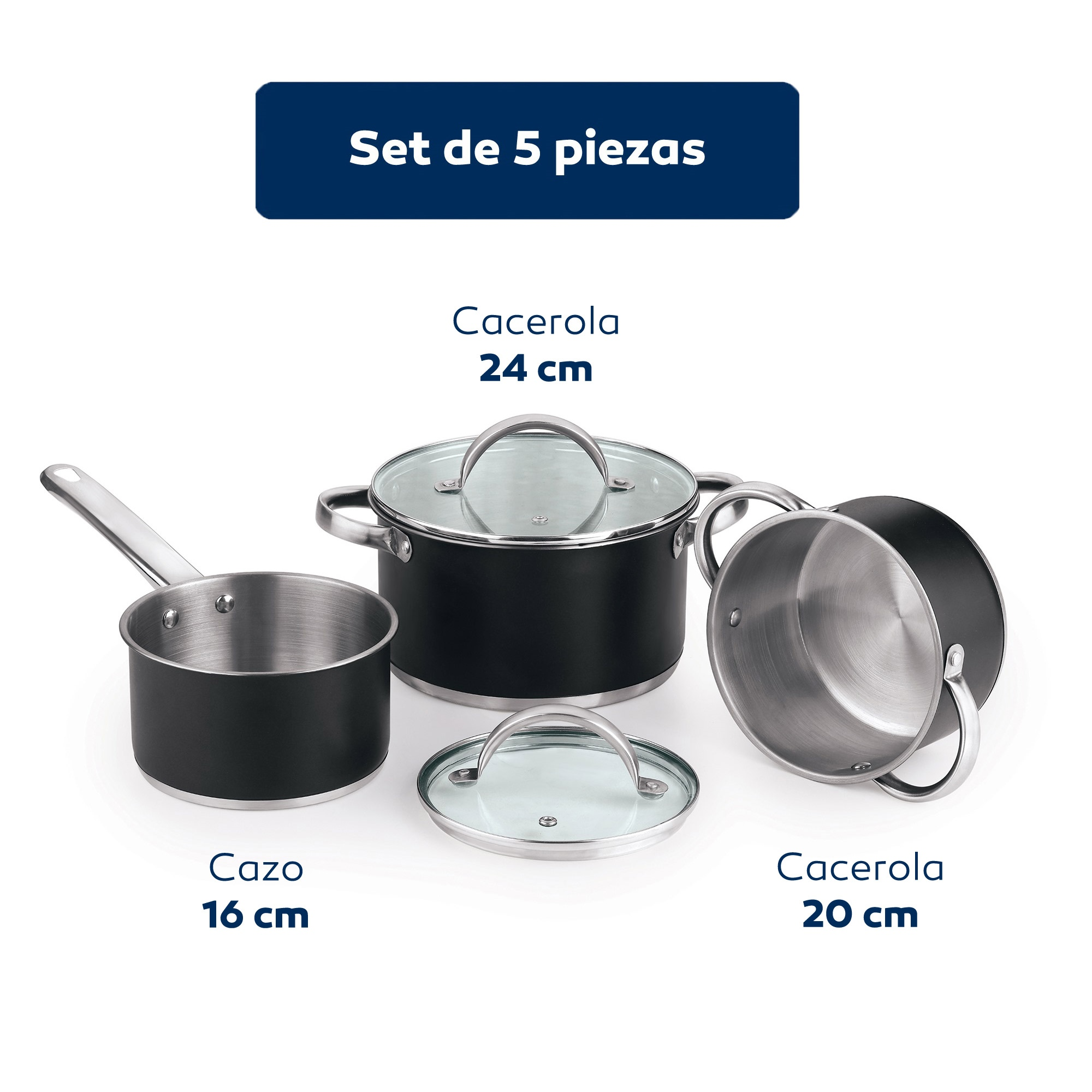 Juego de 5 ollas negras y plateadas con tapas de cristal.