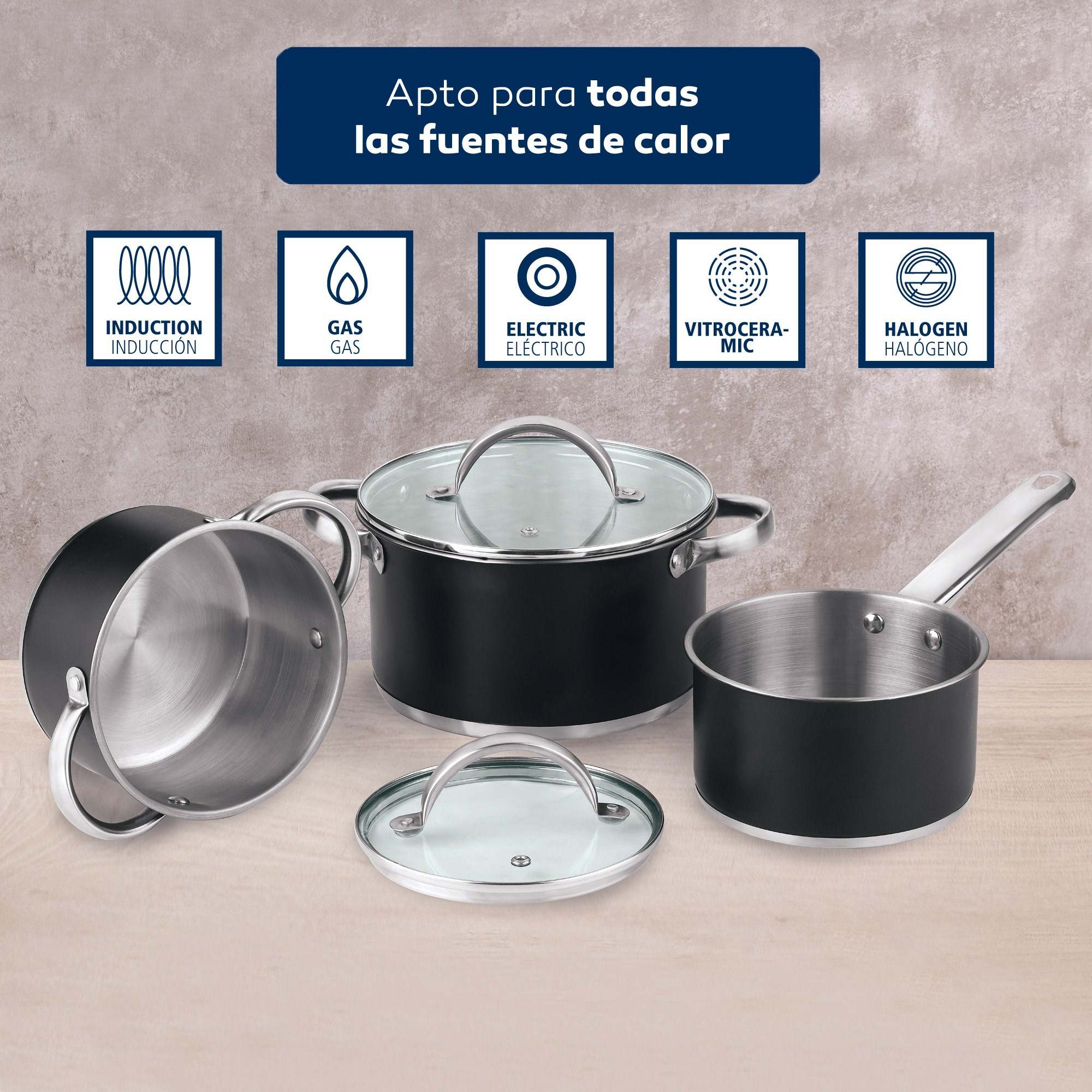 Juego de ollas negras con tapas de vidrio e iconos para inducción, gas, eléctrico, cerámica, halógeno.