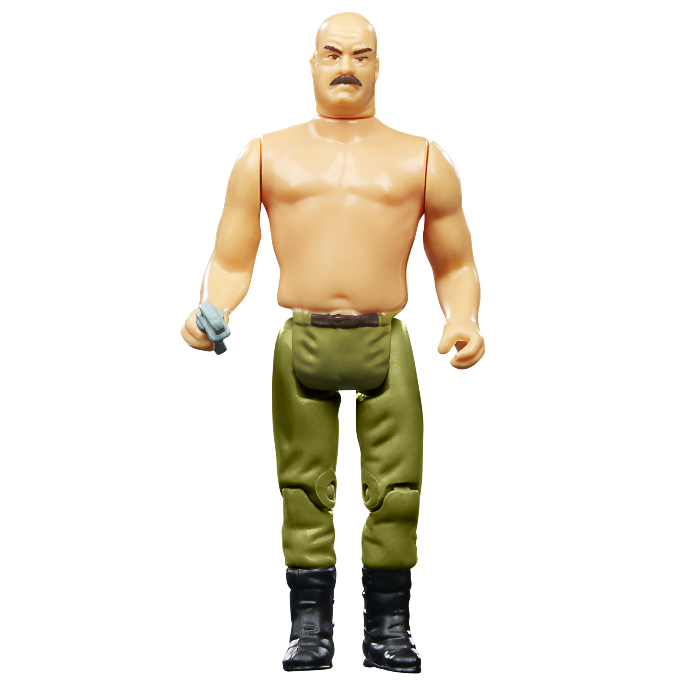 Figura de acción de un hombre calvo con bigote, sin camisa, con pantalones verdes y botas negras.