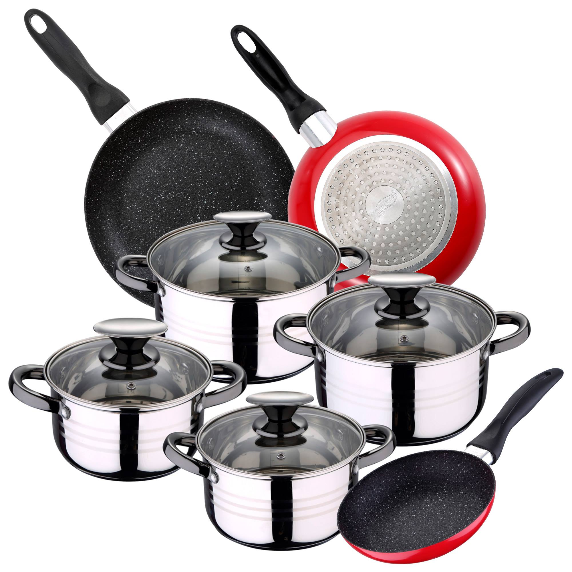 Un juego de ollas y sartenes de cocina. Incluye sartenes, ollas con tapas, con mangos negros.