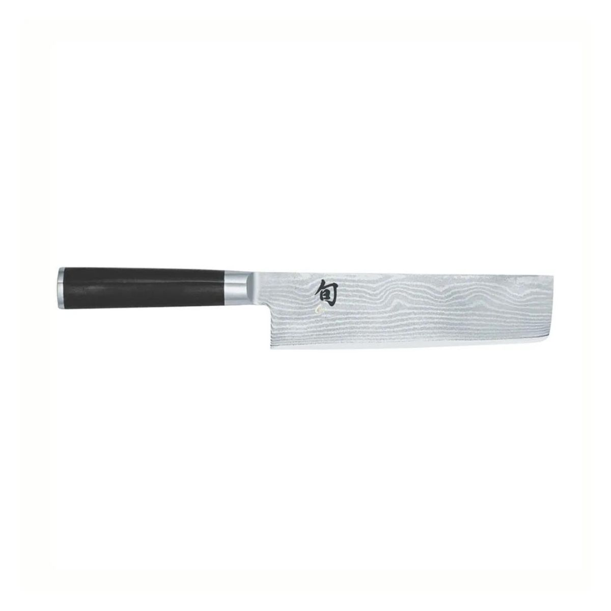 Un cuchillo de cocina de estilo japonés. El cuchillo tiene un mango negro y una hoja estampada.