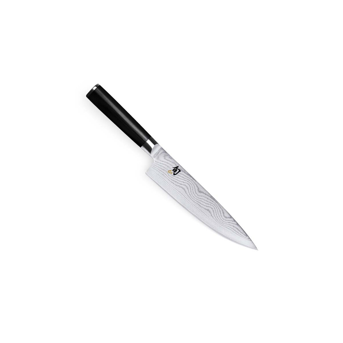 Küchenmesser, schwarzer Griff, Stahlklinge, weißer Hintergrund.