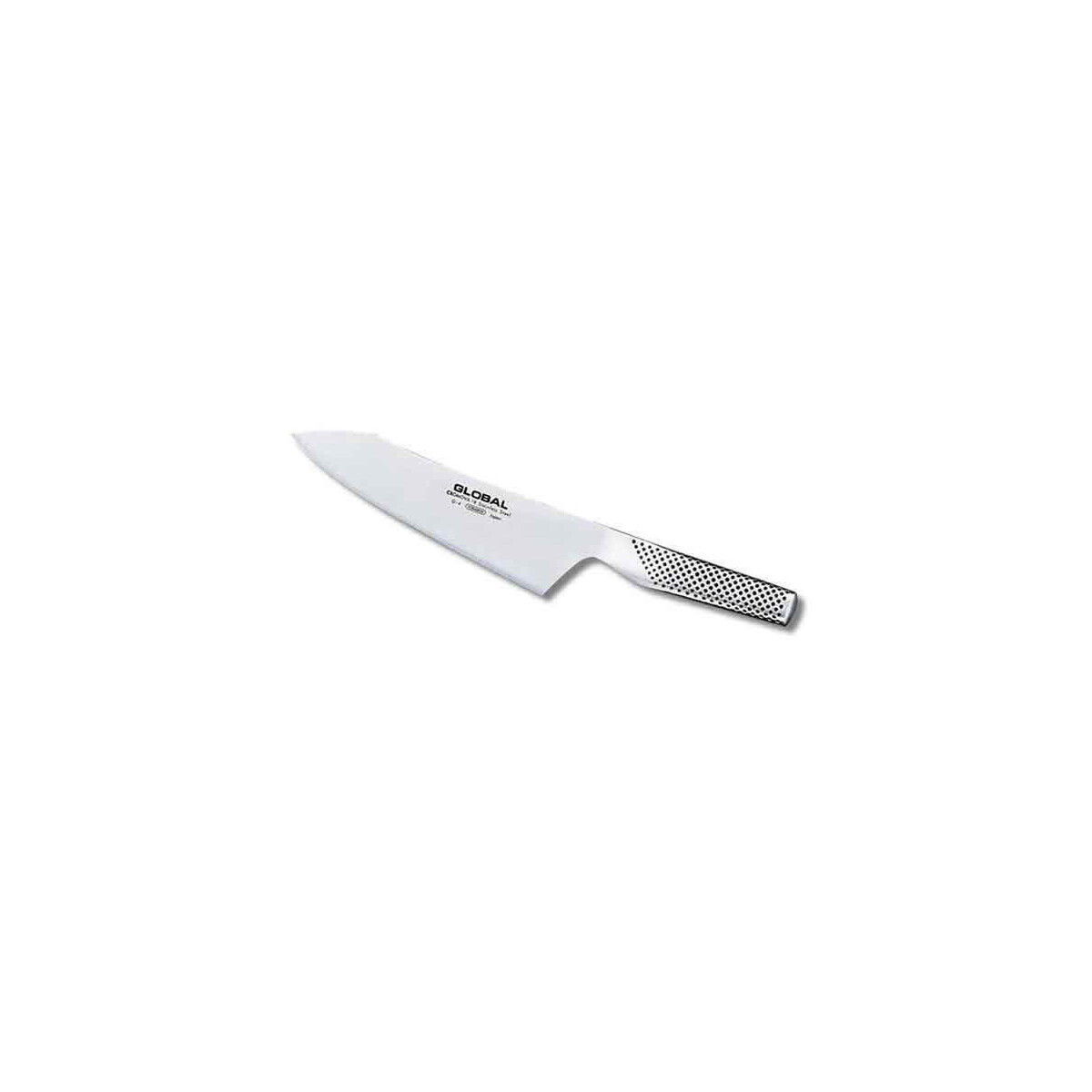Ein einzelnes, weisses, professionelles Küchenmesser auf weissem Hintergrund. Das Messer ist im Fokus.