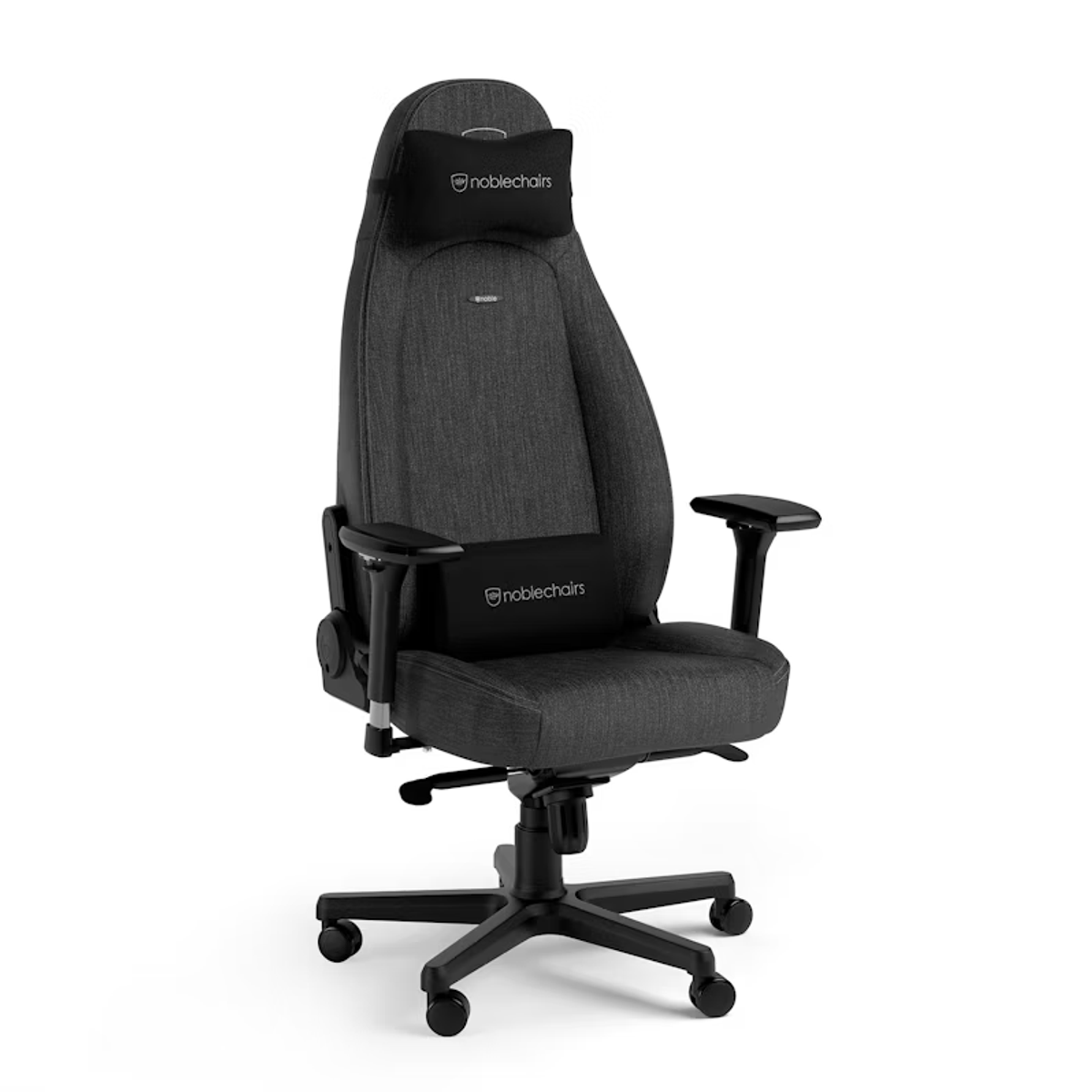 Ein dunkelgrauer ergonomischer Bürostuhl mit schwarzer Kopfstütze und Lendenwirbelstütze. Hat schwarze Armlehnen.
