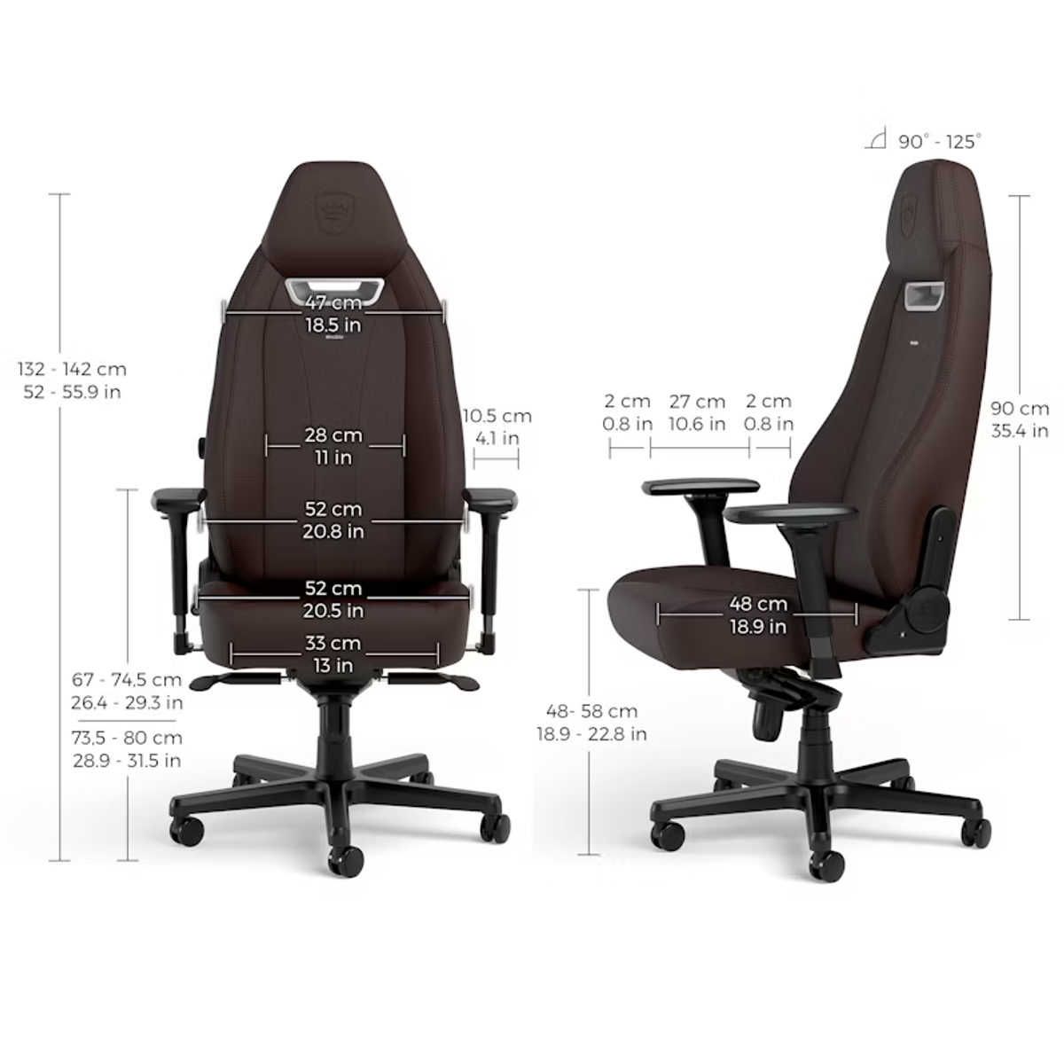 Brauner Gaming-Stuhl mit Abmessungen. Maße in cm und Zoll, schwarze Basis.