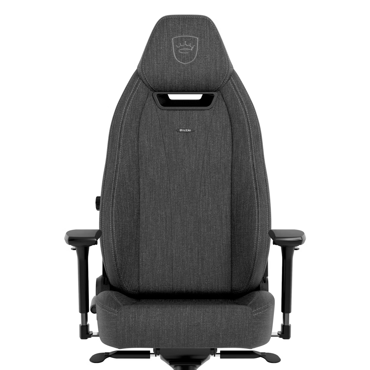 Dunkelgrauer Gaming-Stuhl mit Kopfstütze und Armlehnen. Noblechairs-Logo auf der Kopfstütze.
