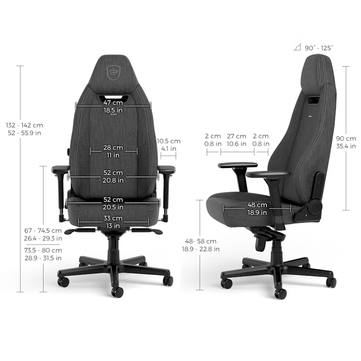 Ein grauer Gaming-Stuhl mit Maßangaben. Er hat eine Kopfstütze, Armlehnen und ein schwarzes Gestell mit Rollen.
