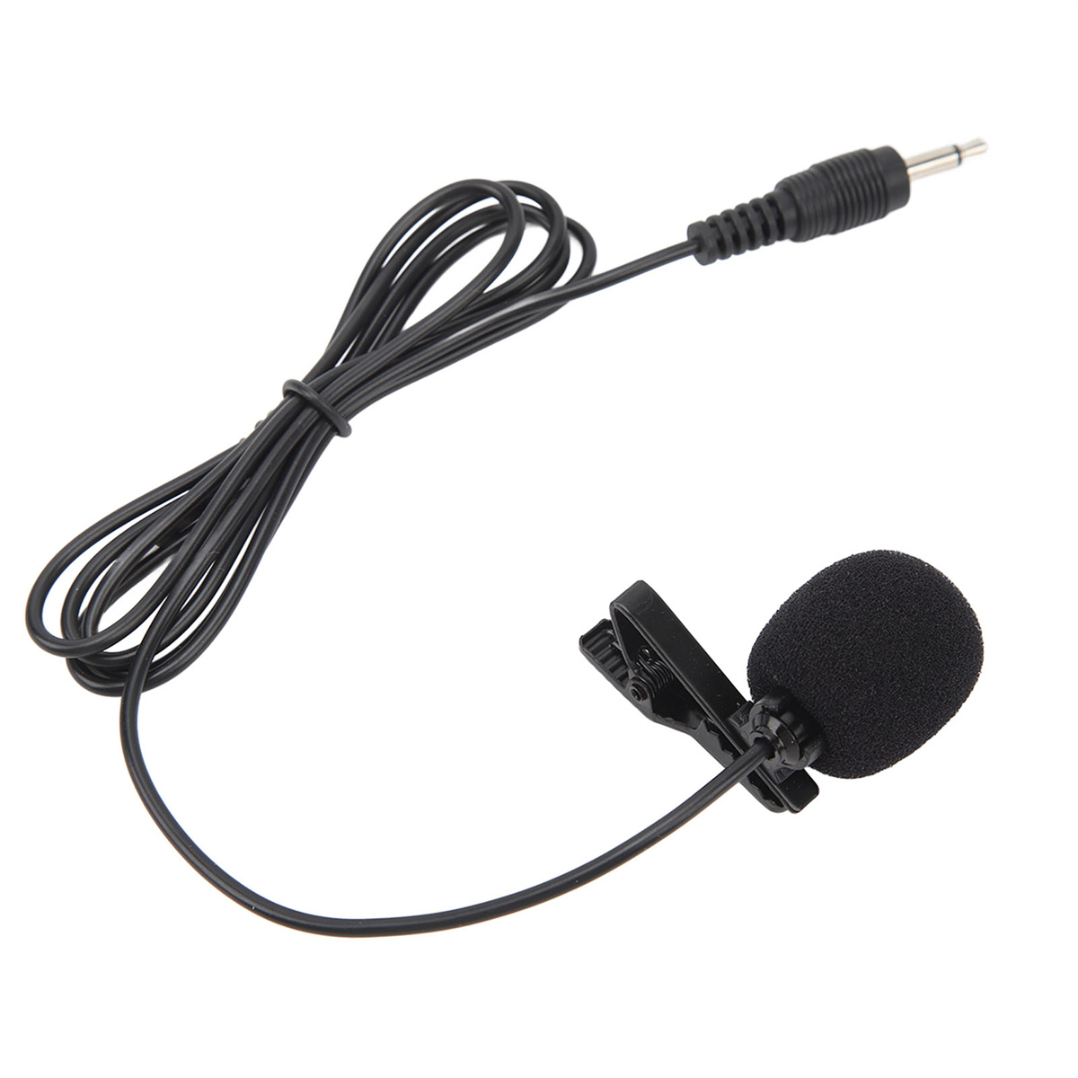 Schwarzes Lavalier-Mikrofon mit Schaumstoff-Windschutz und Clip, verbunden mit einem Kabel.