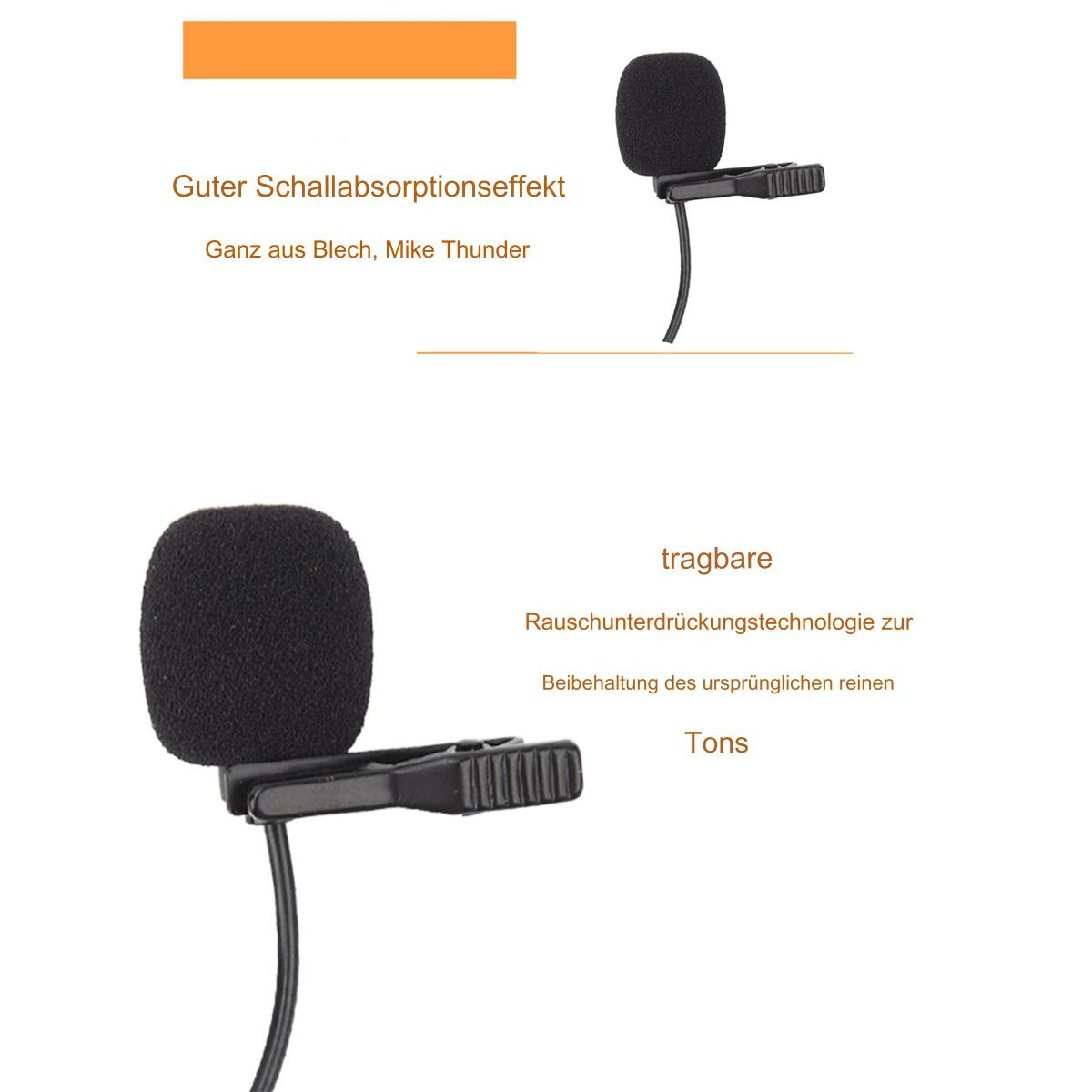 Nahaufnahme eines Ansteckmikrofons mit Text auf Deutsch. Das Mikrofon ist schwarz.