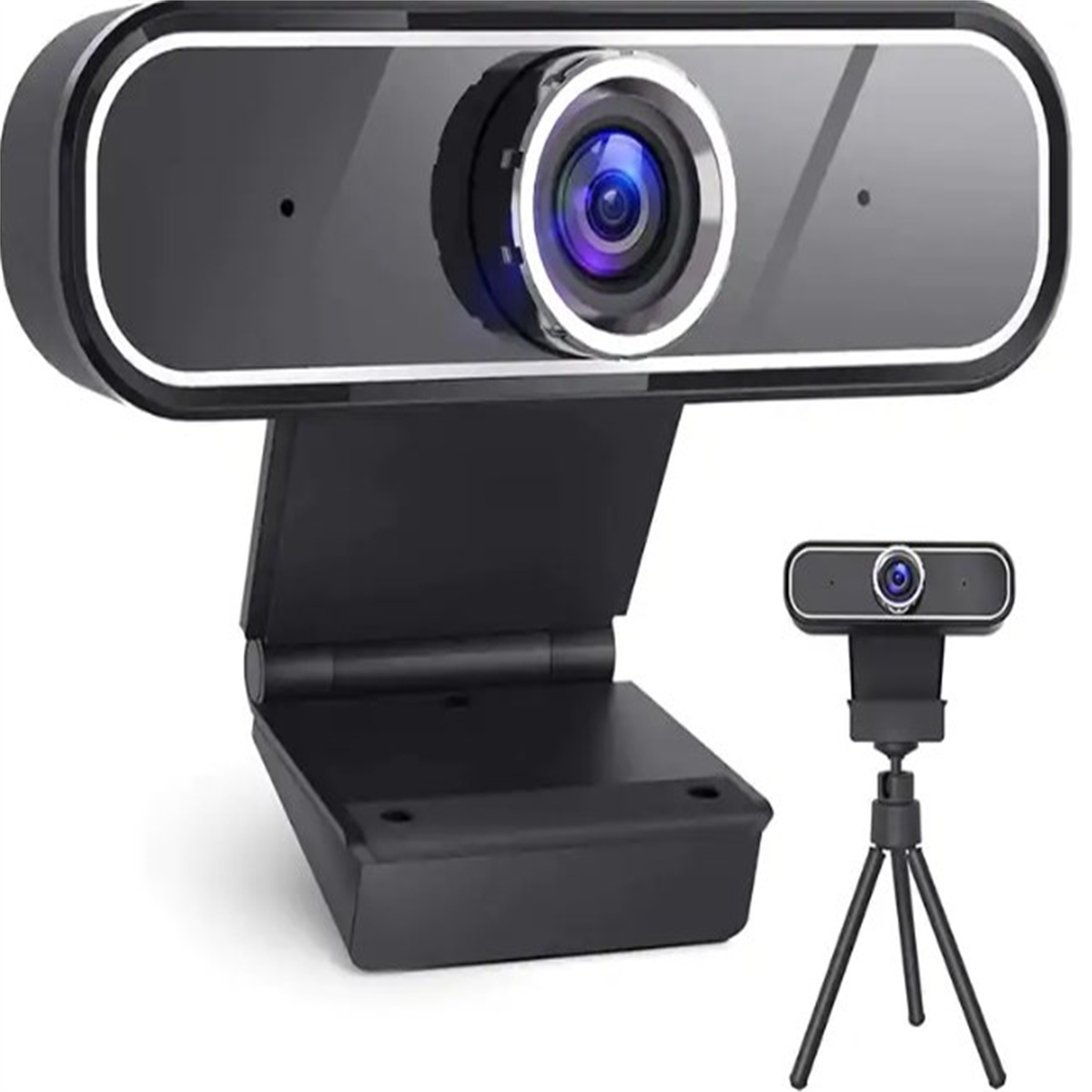Schwarze Webcam mit faltbarem Ständer und kleinem Stativ. Die Linse ist in der Mitte.