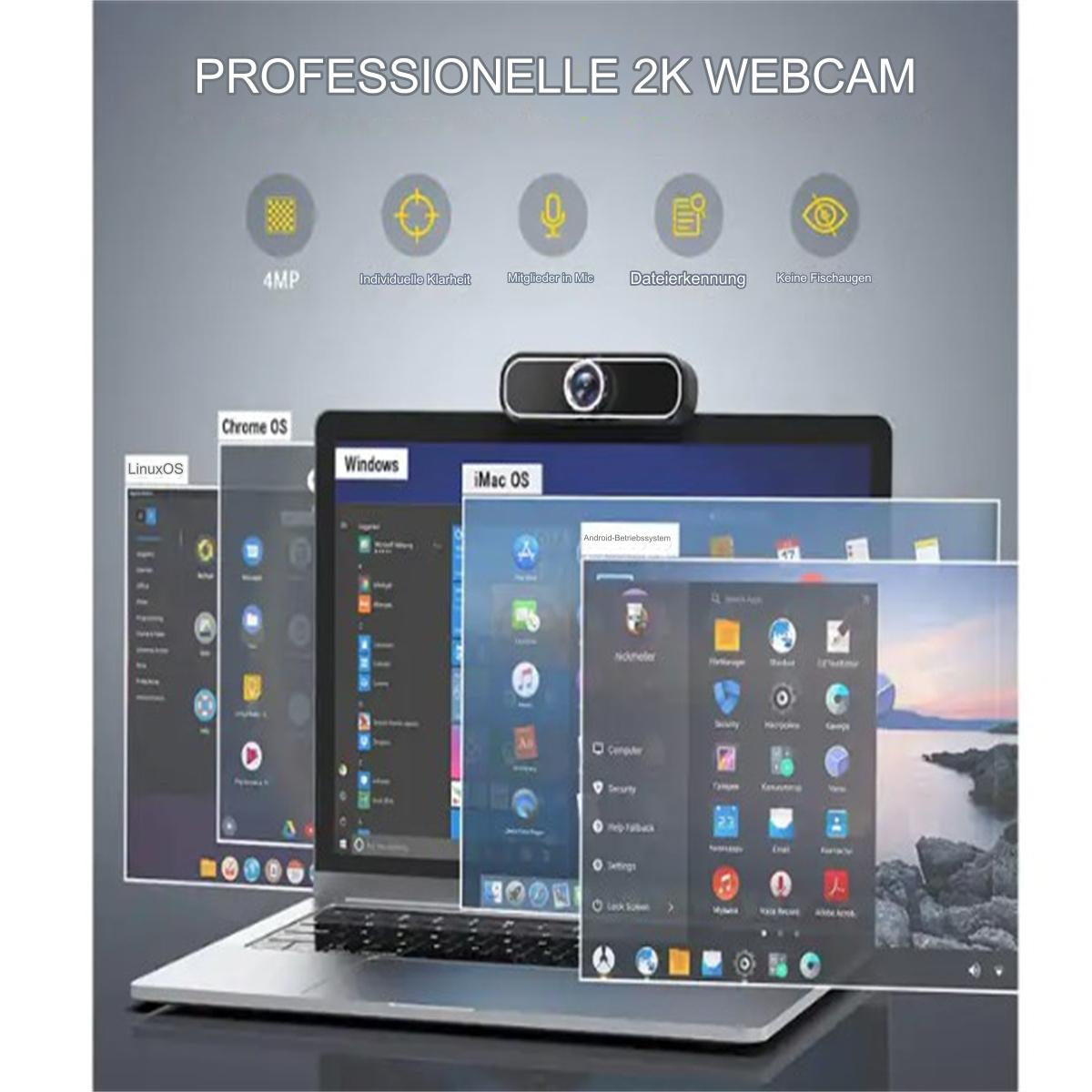 Laptop, der mehrere Betriebssystem-Oberflächen anzeigt, mit einer Webcam oben. Symbole und Text sind sichtbar.
