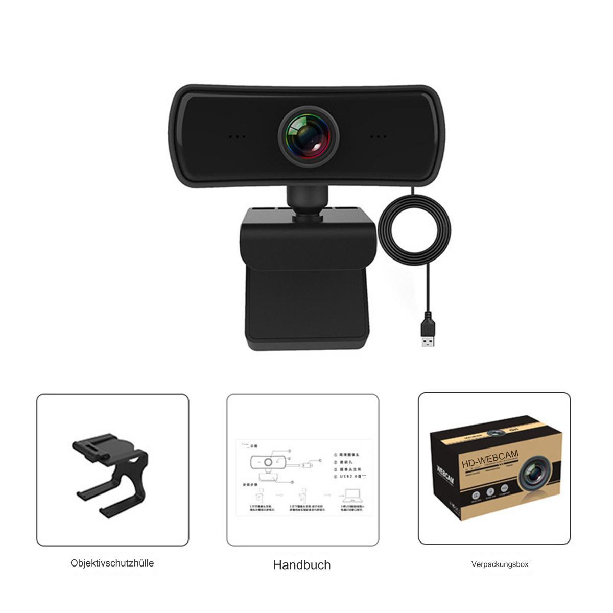 Eine schwarze Webcam mit Zubehör, Halterung, Handbuch und Verpackung auf weißem Hintergrund.