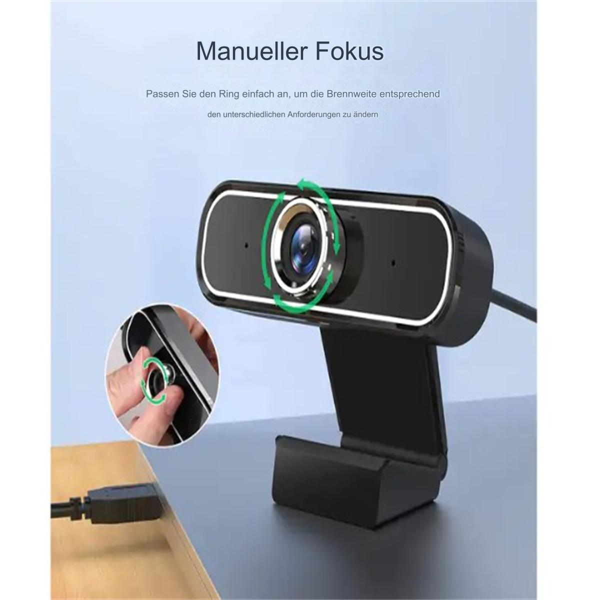 Schwarze Webcam mit silberner Einfassung, USB-Kabel und schwarzem Ständer.