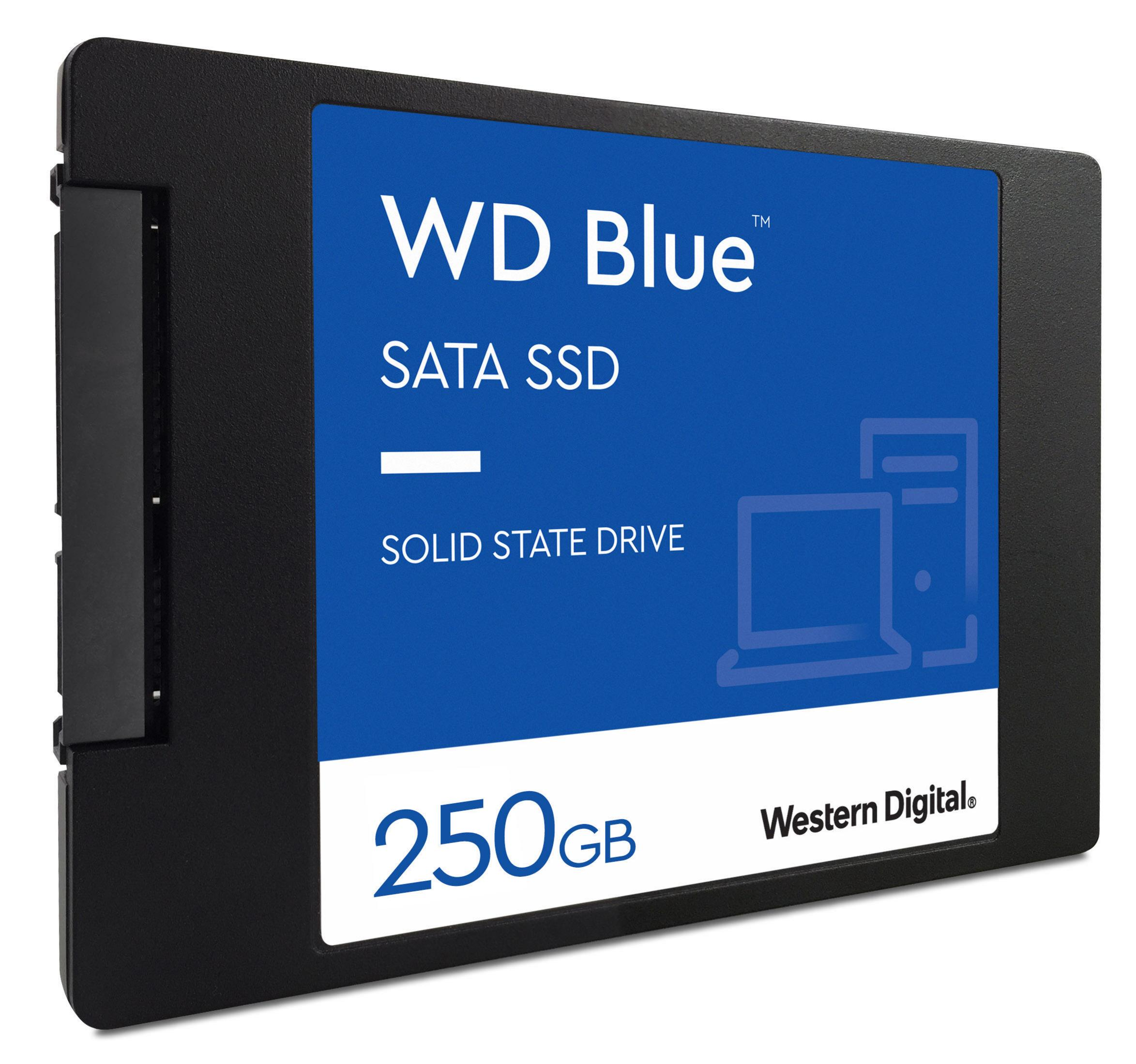 Unidad SSD negra con una etiqueta azul que dice 'WD Blue SATA SSD'.