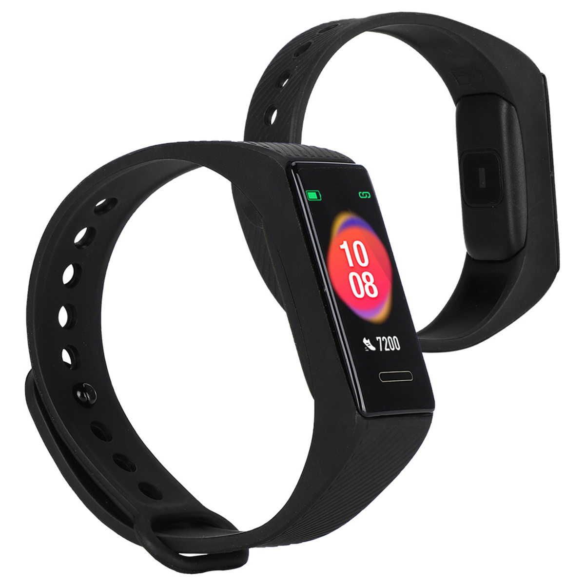 Zwei schwarze Smartwatches. Die erste ist eingeschaltet und zeigt die Uhrzeit. Die andere ist ausgeschaltet.