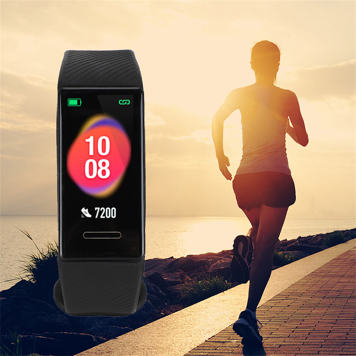 Ein Fitness-Tracker am Handgelenk, der die Uhrzeit und Schritte anzeigt, und ein Läufer im Hintergrund.