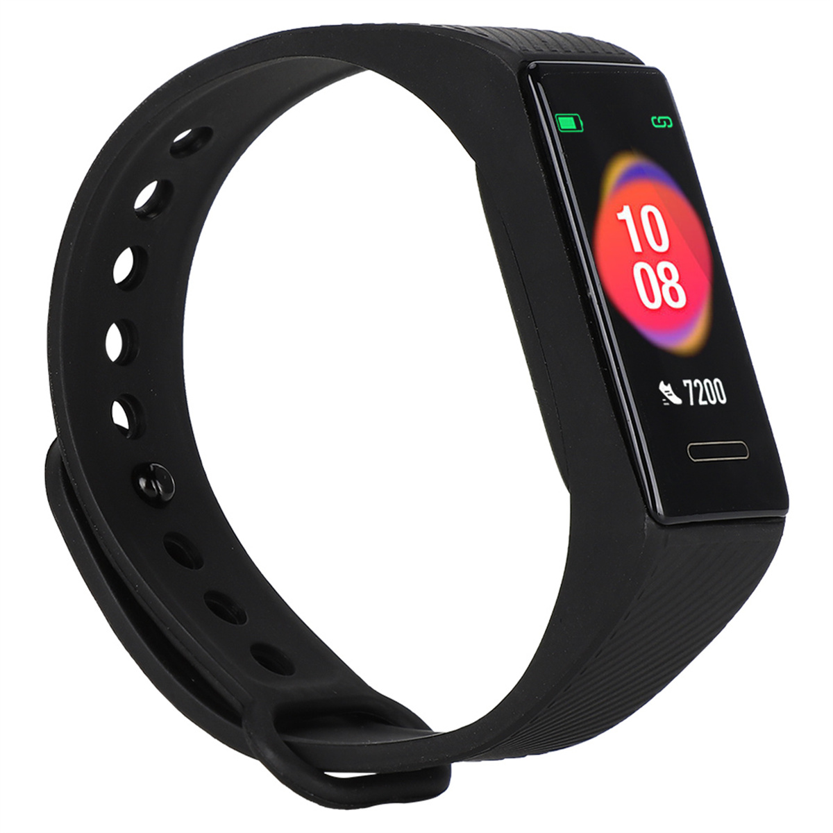 Eine schwarze Fitness-Tracker-Uhr, die Datum, Uhrzeit, Schritte und Kalorien auf ihrem Bildschirm anzeigt.