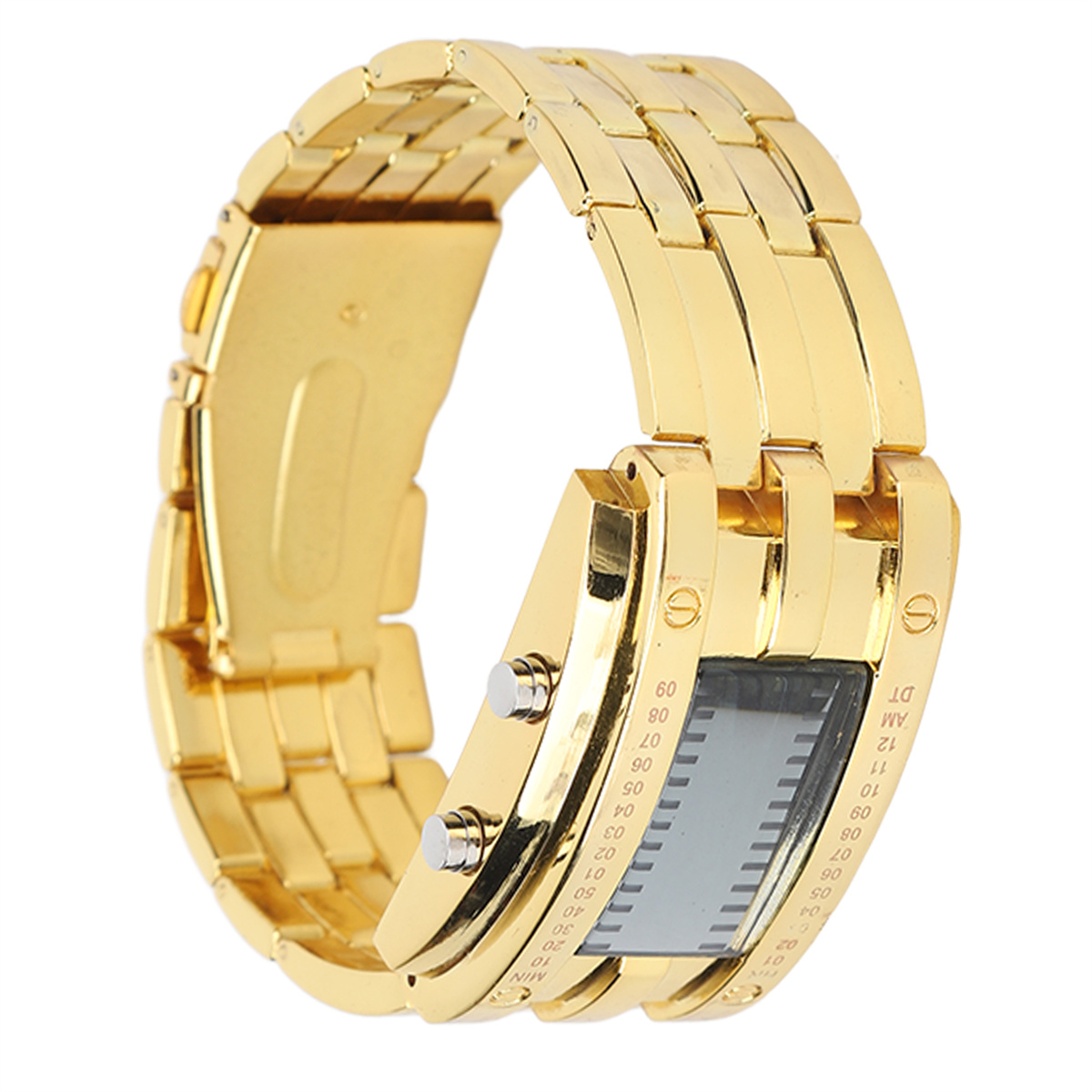 Goldene Digitaluhr mit rechteckigem Display. Das Uhrenarmband ist ebenfalls goldfarben, mit rechteckigen Gliedern.
