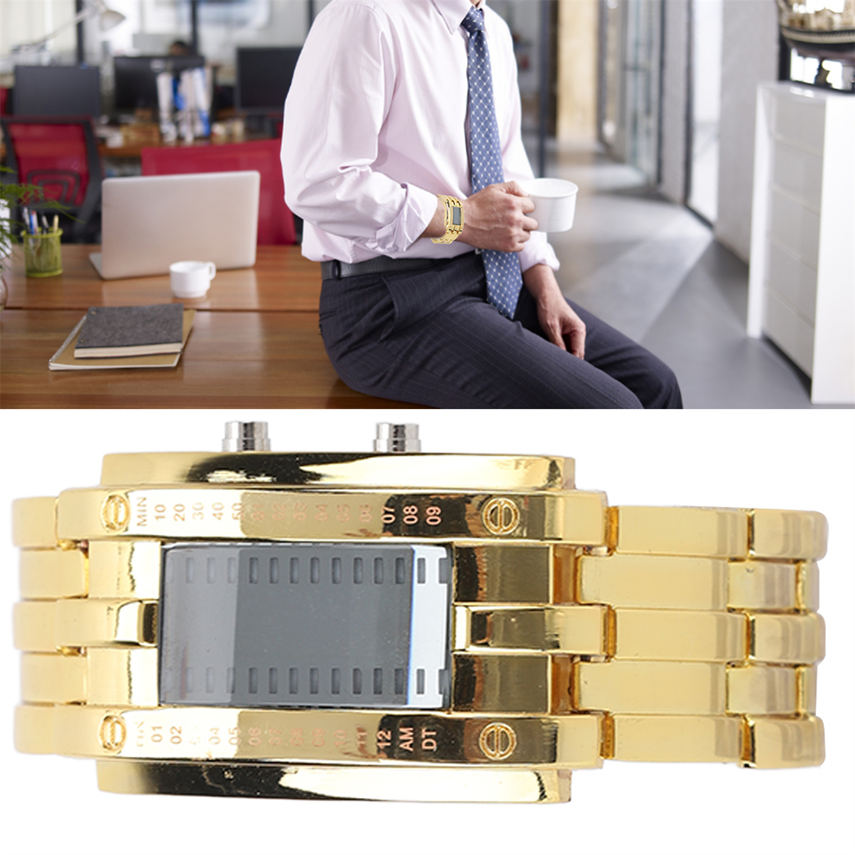 Ein Mann mit einer goldenen Uhr und einer Kaffeetasse. Eine goldene Uhr wird darunter angezeigt.