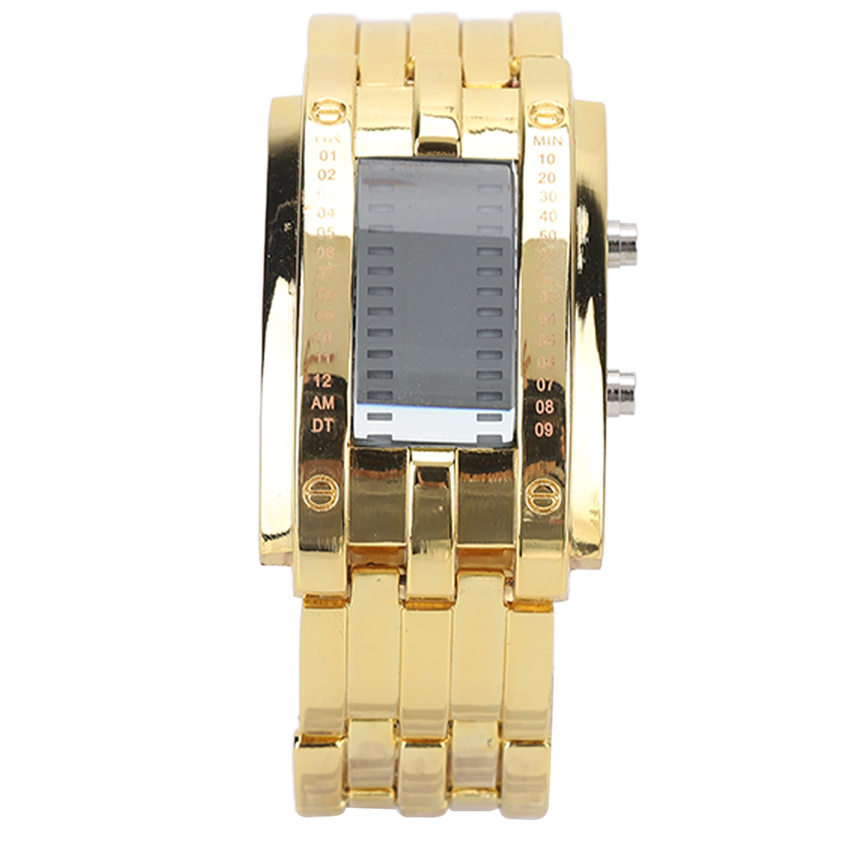 Goldene Armbanduhr mit digitaler Anzeige, die die Zeit anzeigt. Die Uhr hat ein Gliederarmband.