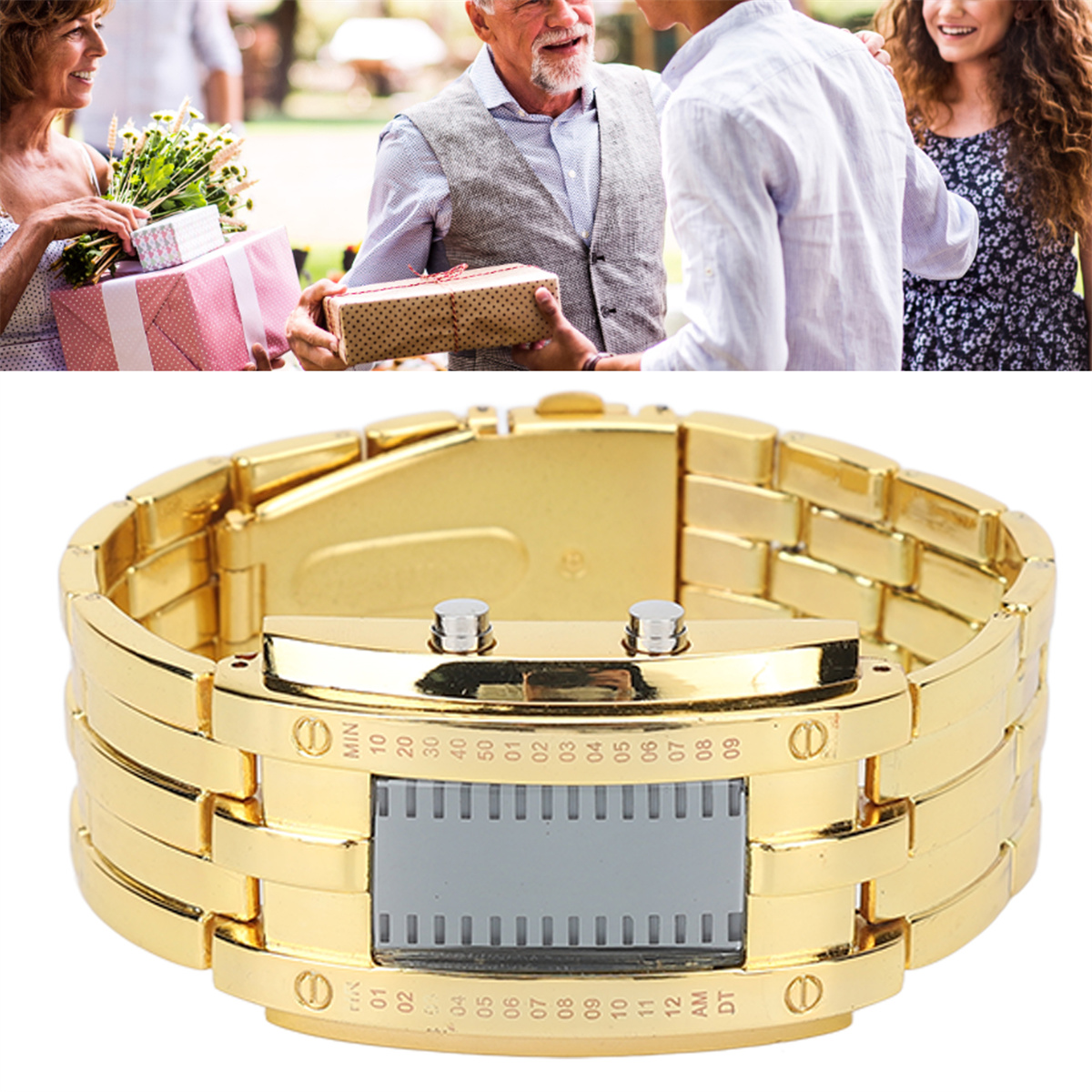 Eine goldene Armbanduhr mit digitaler Anzeige. Personen im Hintergrund geben Geschenke.