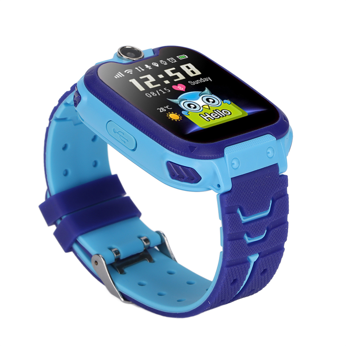 Eine Kinder-Smartwatch mit blauen und lila Armbändern. Das Display zeigt Zeit und Symbol.