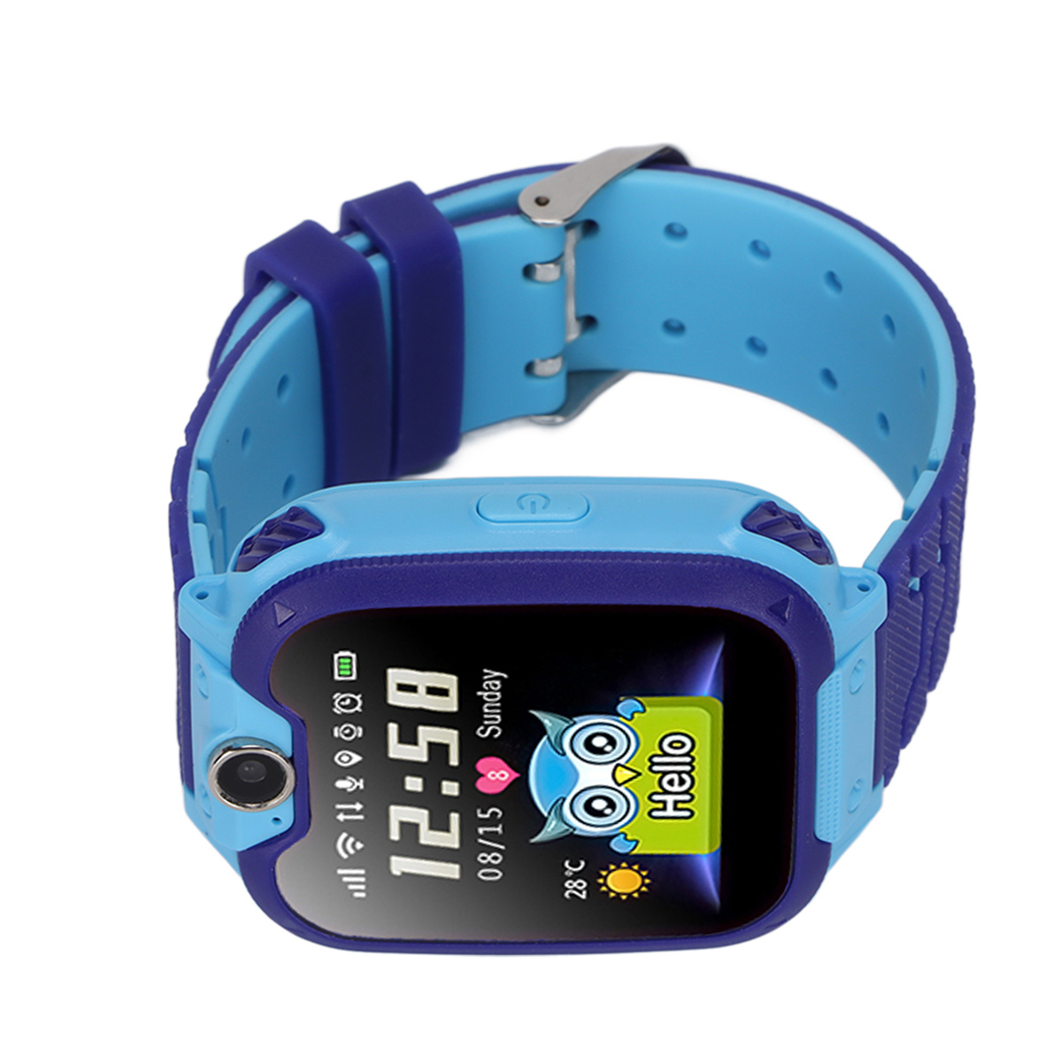 Eine blau-violette Smartwatch mit einer Eulenkarikatur auf dem Bildschirm, die Zeit und Datum anzeigt.