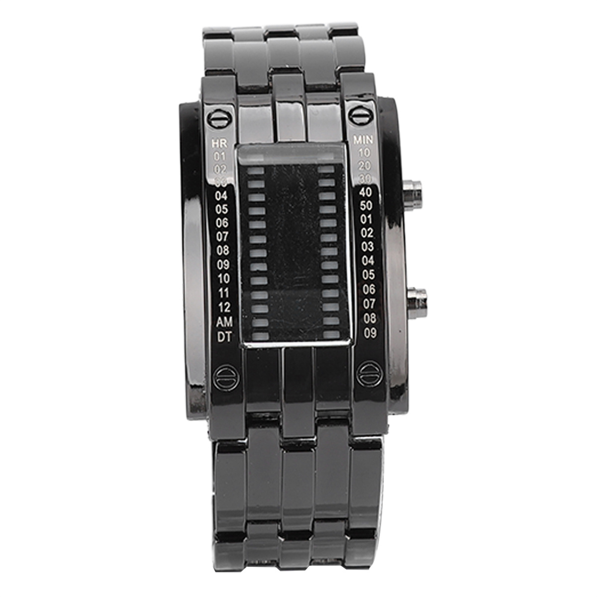 Schwarze Uhr mit digitaler Zeitanzeige, schwarzes Armband, weißer Hintergrund.