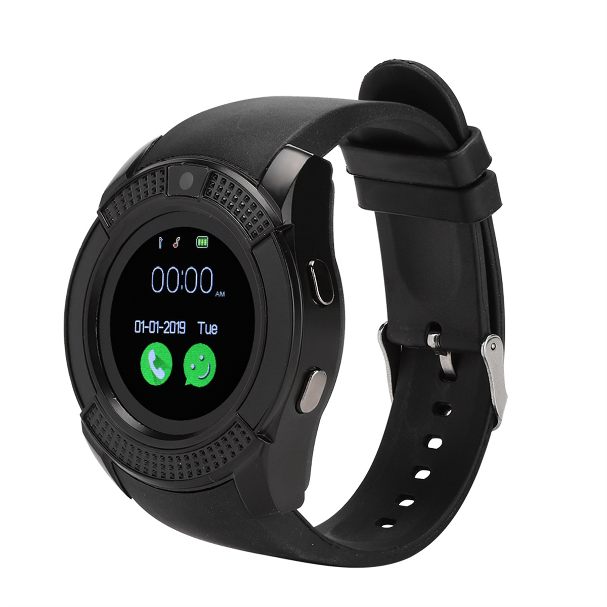 Schwarze Smartwatch mit schwarzem Armband. Zeigt Uhrzeit, Datum und zwei App-Symbole. Weißer Hintergrund.